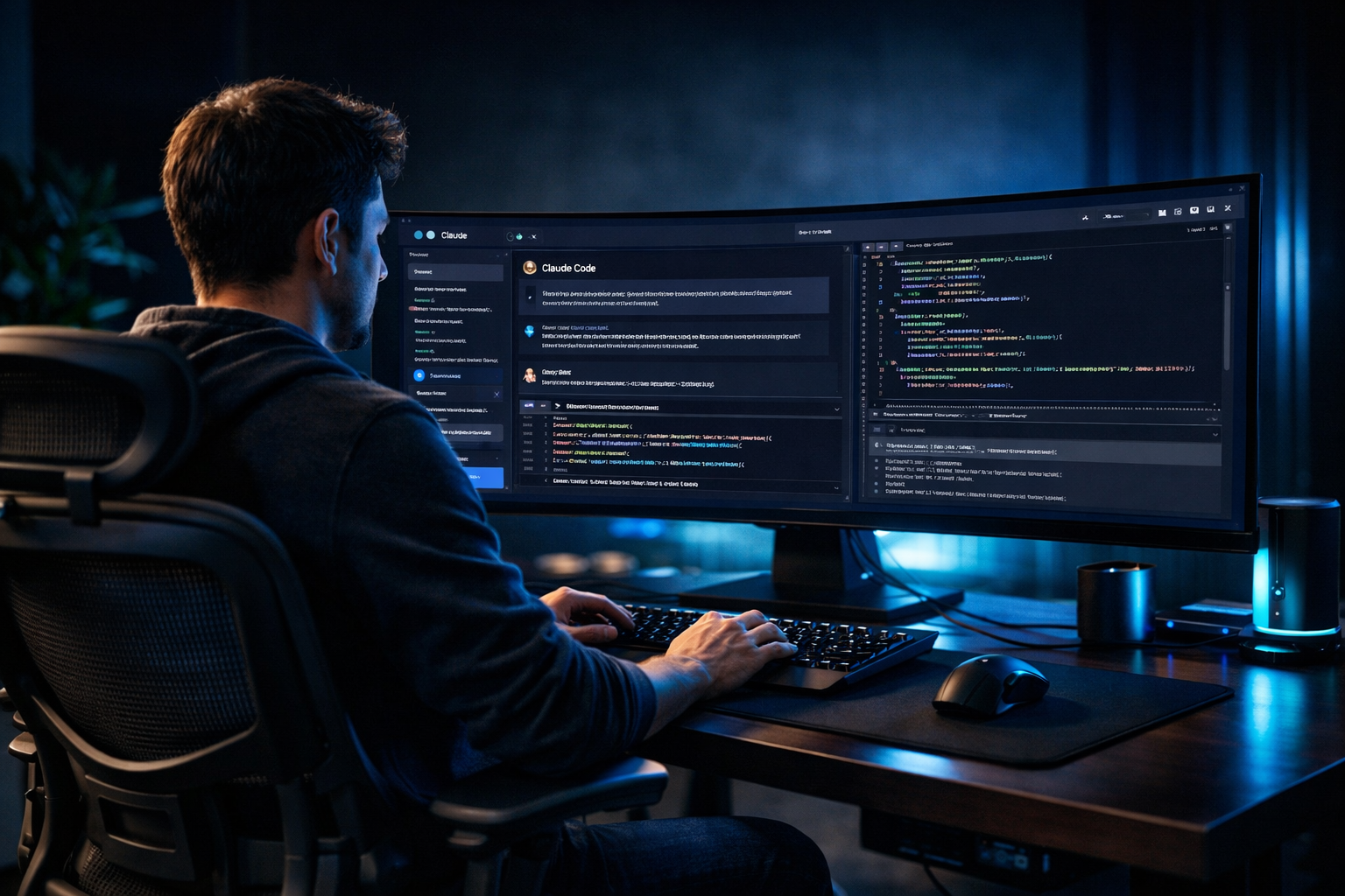 Programador en un escritorio ergonómico usando Claude Code con Opus 5 en pantalla ultrawide