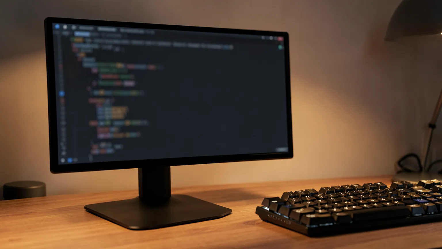 Monitor con un editor de código en tema oscuro sobre un escritorio de madera junto a un teclado mecánico, con luz cálida de lámpara