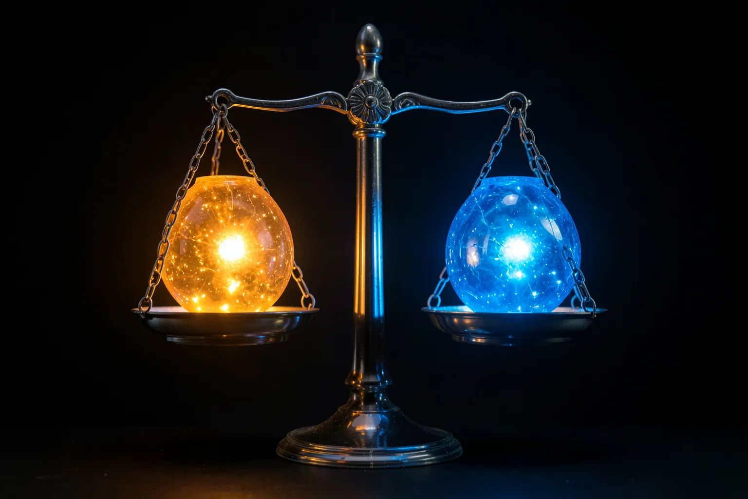 Dos esferas de luz, una cálida y otra azul, equilibradas sobre una balanza de cristal en un fondo oscuro