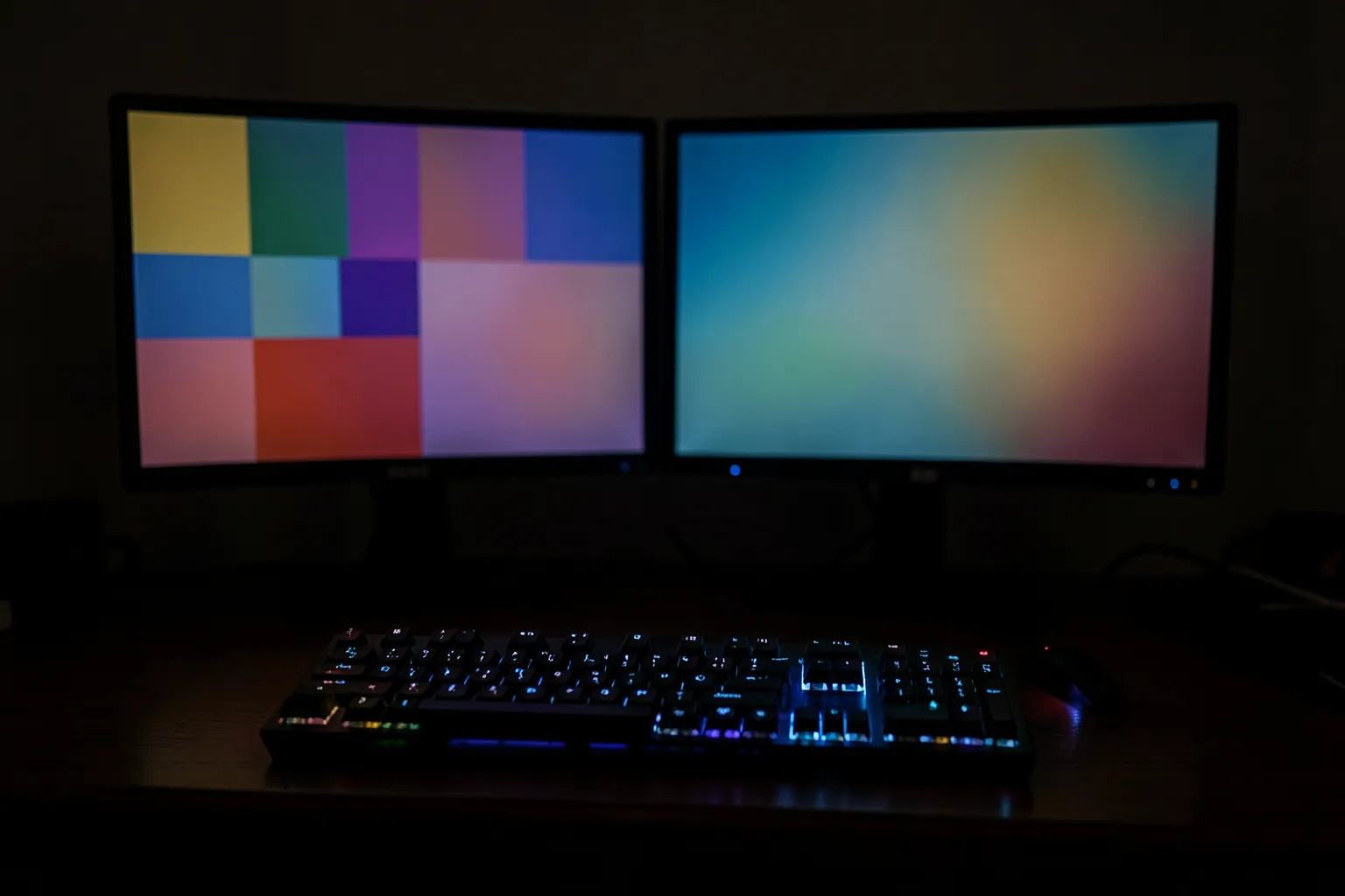 Escritorio nocturno con dos monitores encendidos que muestran bloques de colores abstractos y un teclado mecánico iluminado