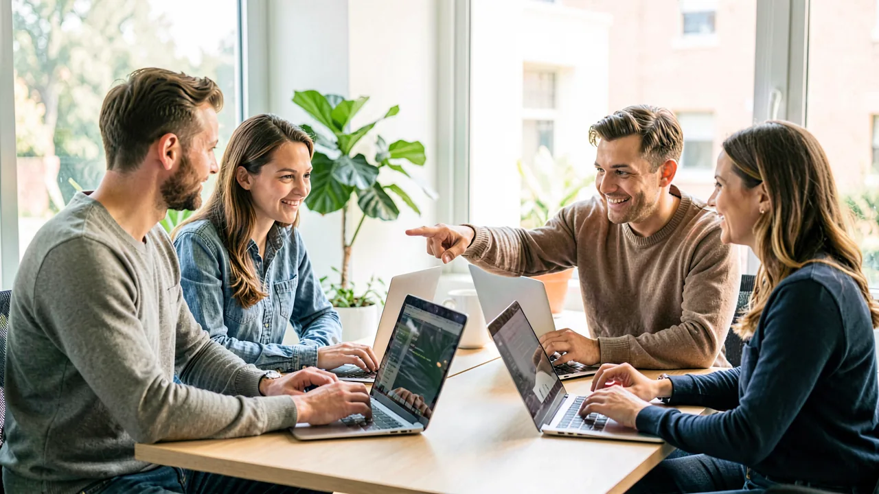 Equipo de trabajo colaborando en una oficina moderna con ordenadores portátiles y una conversación de chat en pantalla