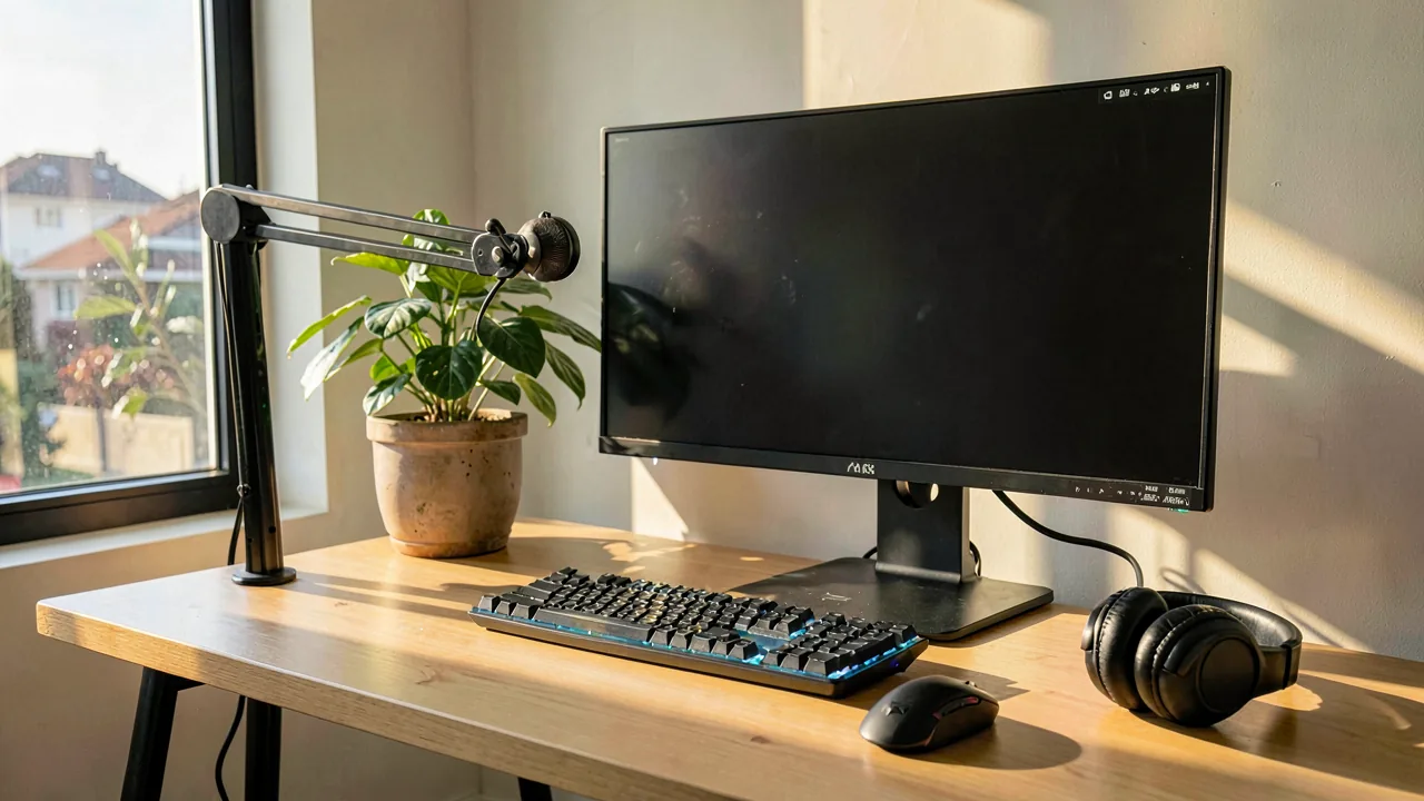 Escritorio de teletrabajo ordenado con monitor grande, teclado, ratón y auriculares