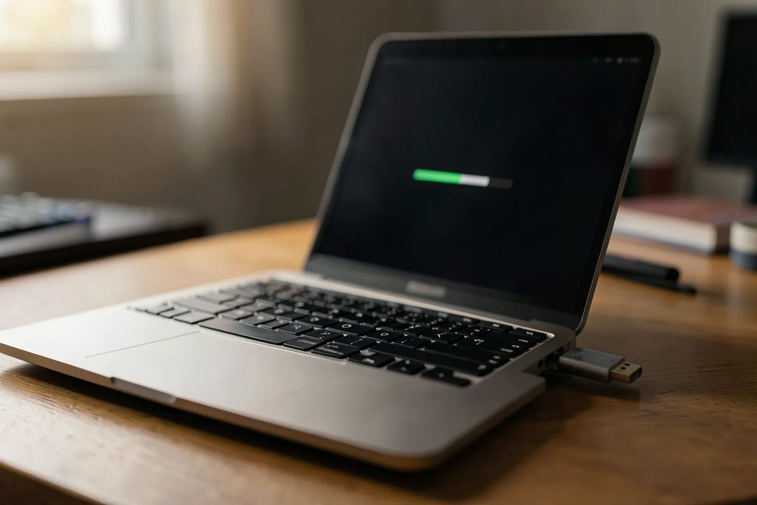 Pendrive pequeño conectado al lateral de un portátil abierto con una barra de progreso en la pantalla en una mesa de trabajo
