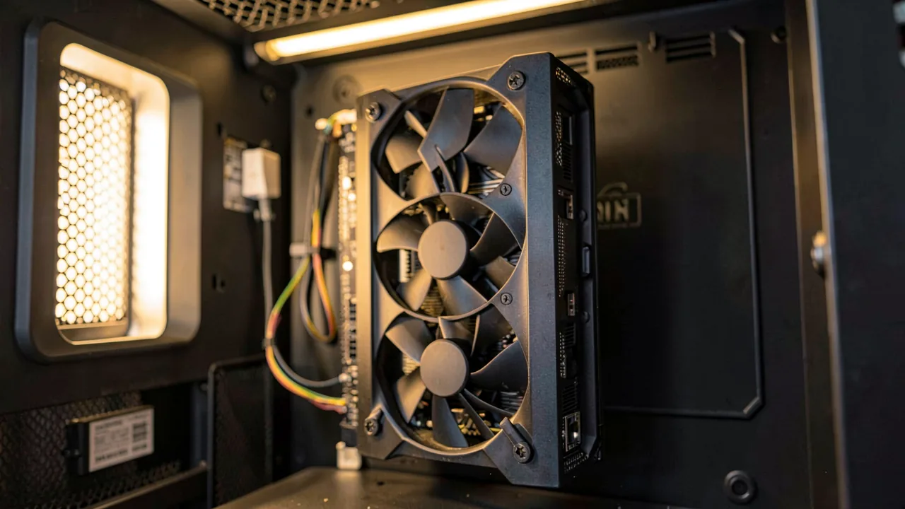 Tarjeta gráfica dedicada instalada en un PC de sobremesa con iluminación de trabajo