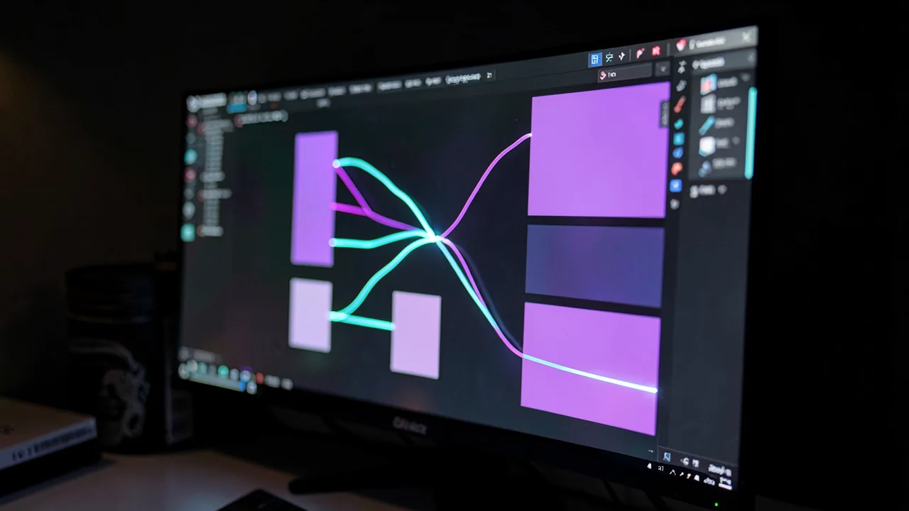 Interfaz de nodos de ComfyUI con un grafo de generación de imágenes conectado por cables