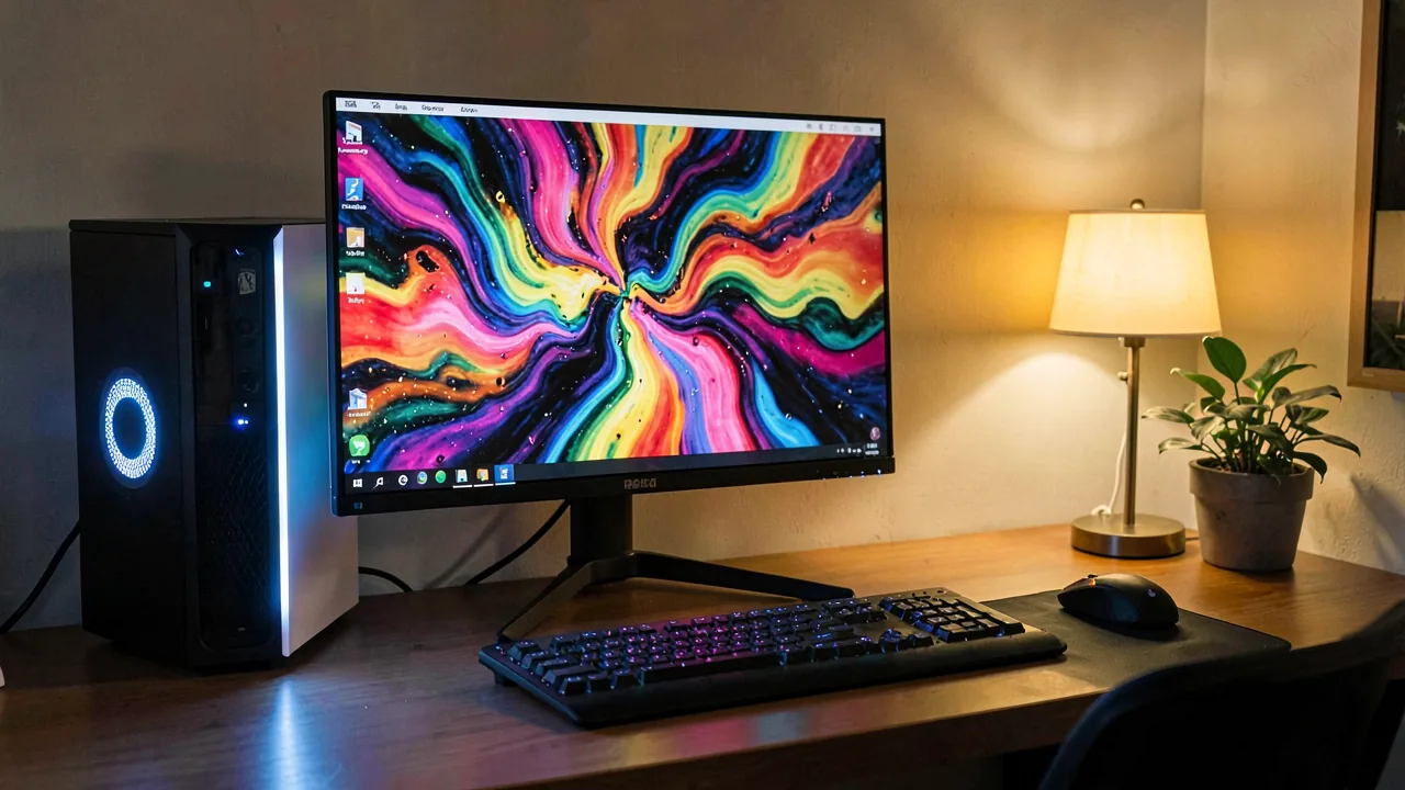 Puesto de trabajo con ordenador de sobremesa y monitor para generar imágenes con inteligencia artificial