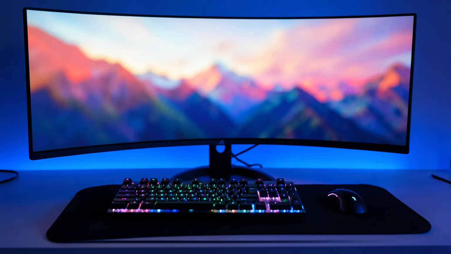 Escritorio de juego con un monitor ancho curvo que muestra un paisaje de colores desenfocado, teclado mecánico y ratón, iluminado con luz azul