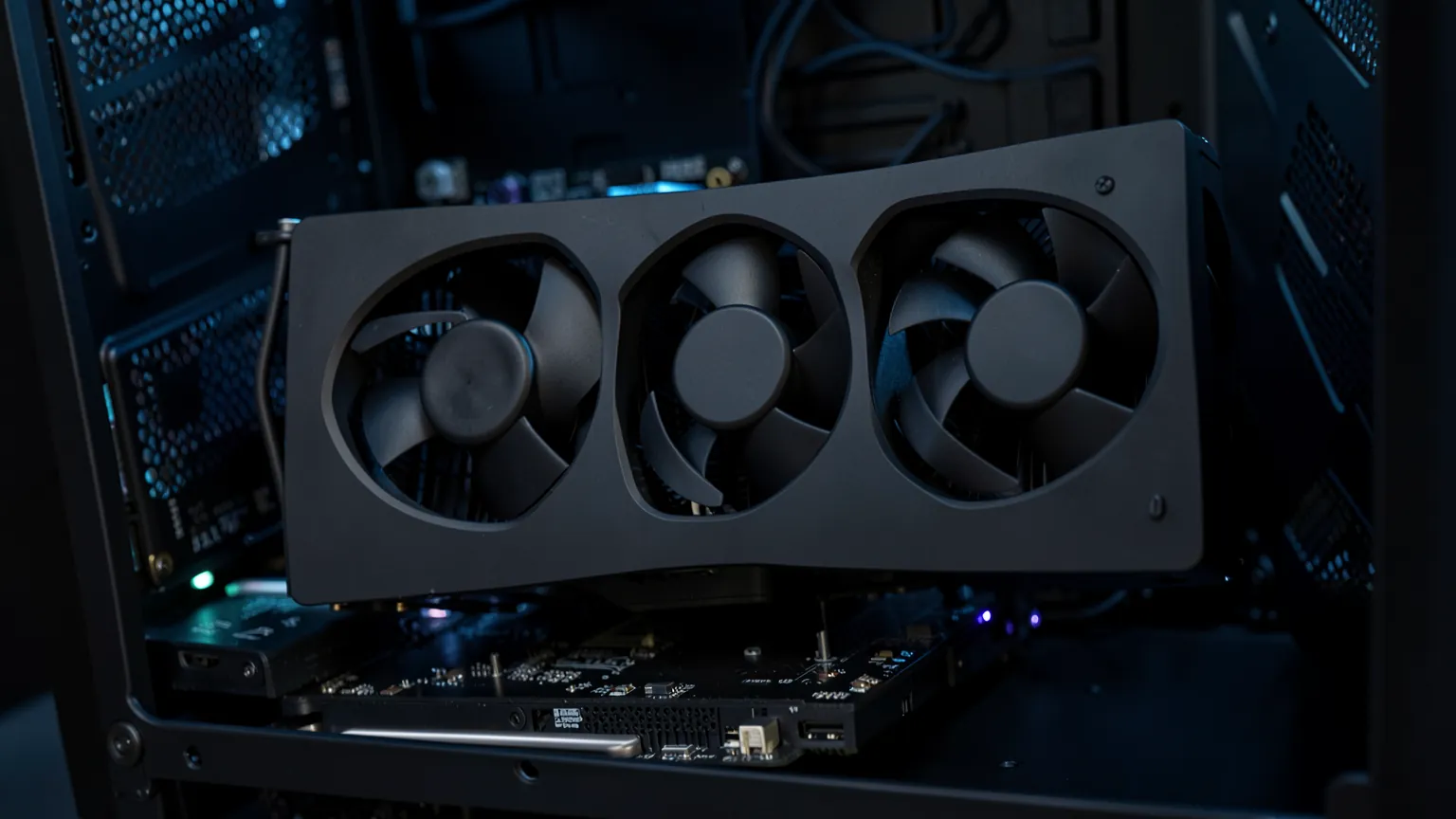 Tarjeta gráfica de sobremesa negra con tres ventiladores instalada en la placa base de un PC abierto, con iluminación tenue