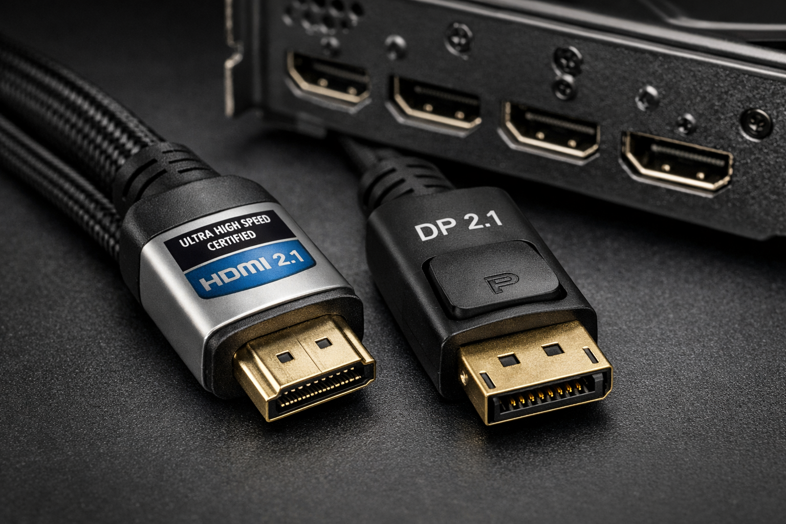 Cable HDMI 2.1 y DisplayPort 2.1 junto a una GPU NVIDIA RTX 5080 en un setup gaming