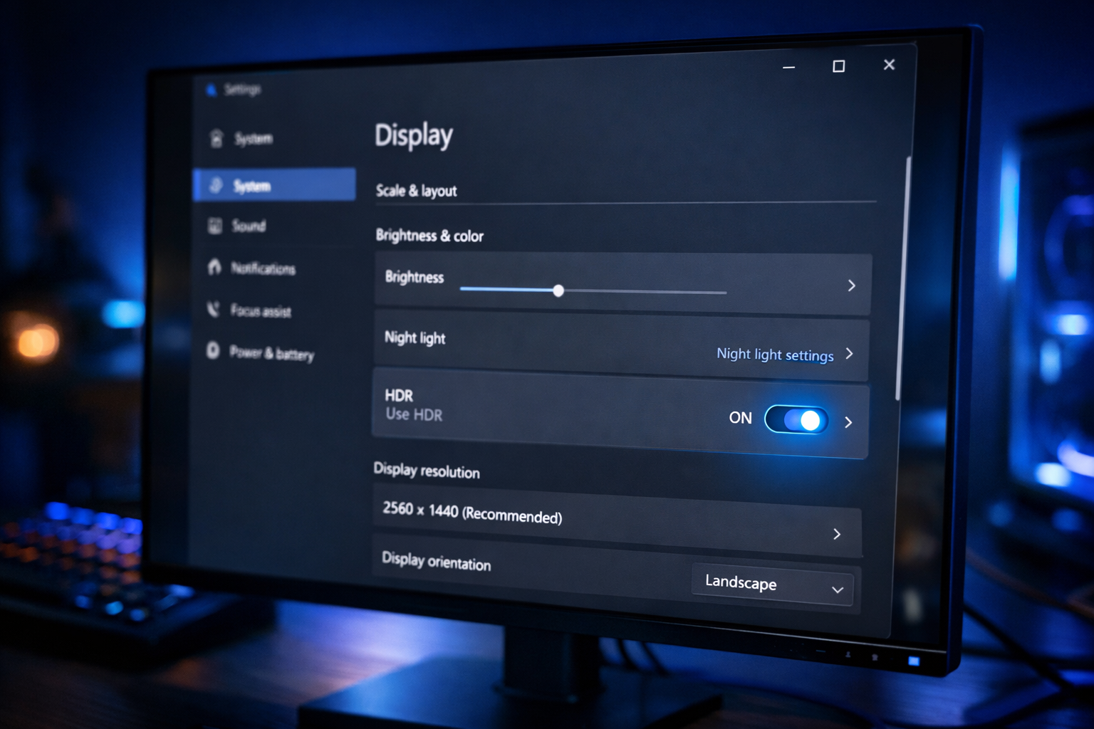 Configuración de pantalla de Windows 11 con el interruptor HDR activado y opciones de Auto HDR visibles