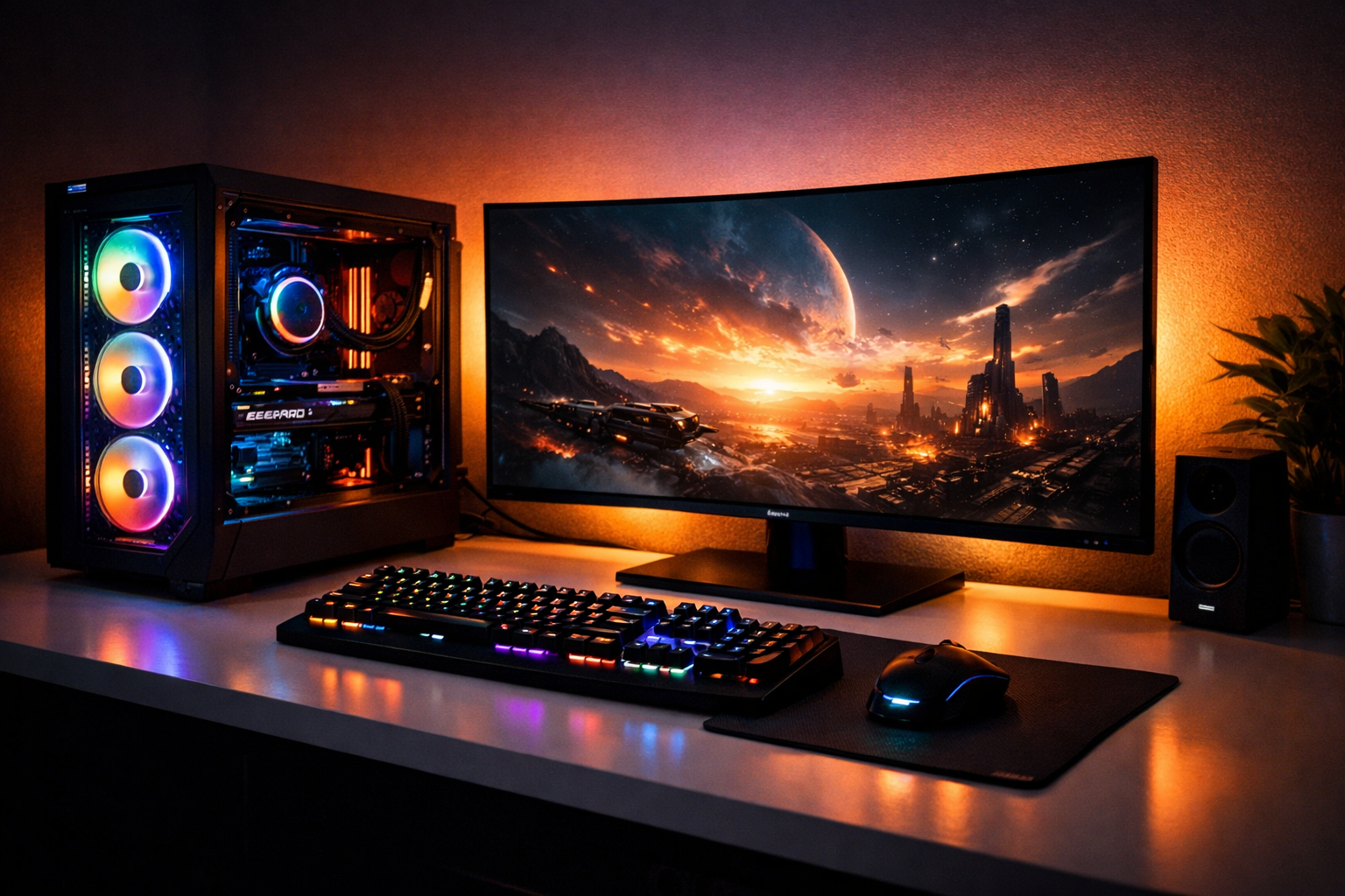 Escritorio gaming con PC de torre, pantalla OLED y periféricos para streaming profesional