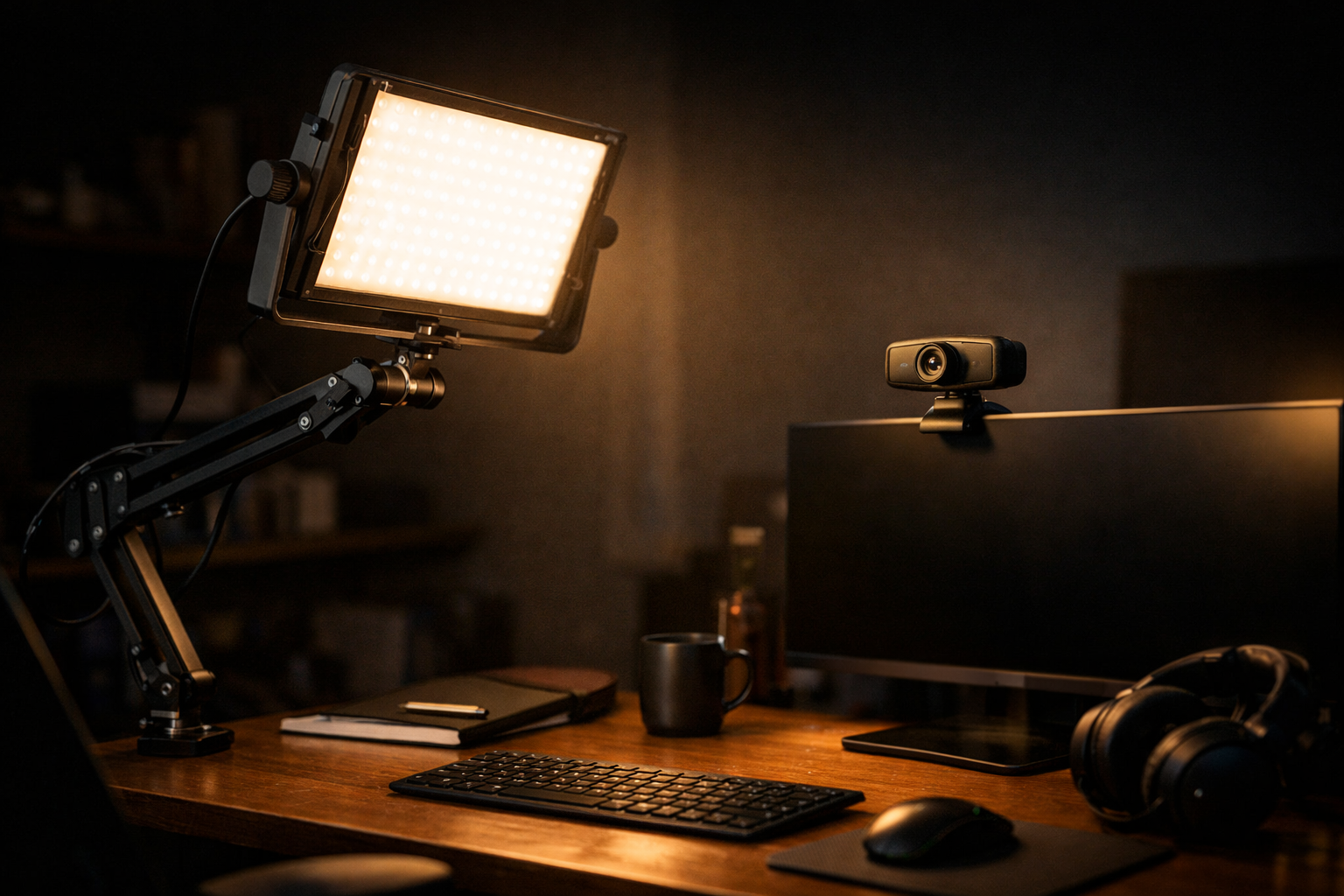 Iluminación LED de escritorio Elgato Key Light iluminando streamer frente a webcam con luz cálida profesional