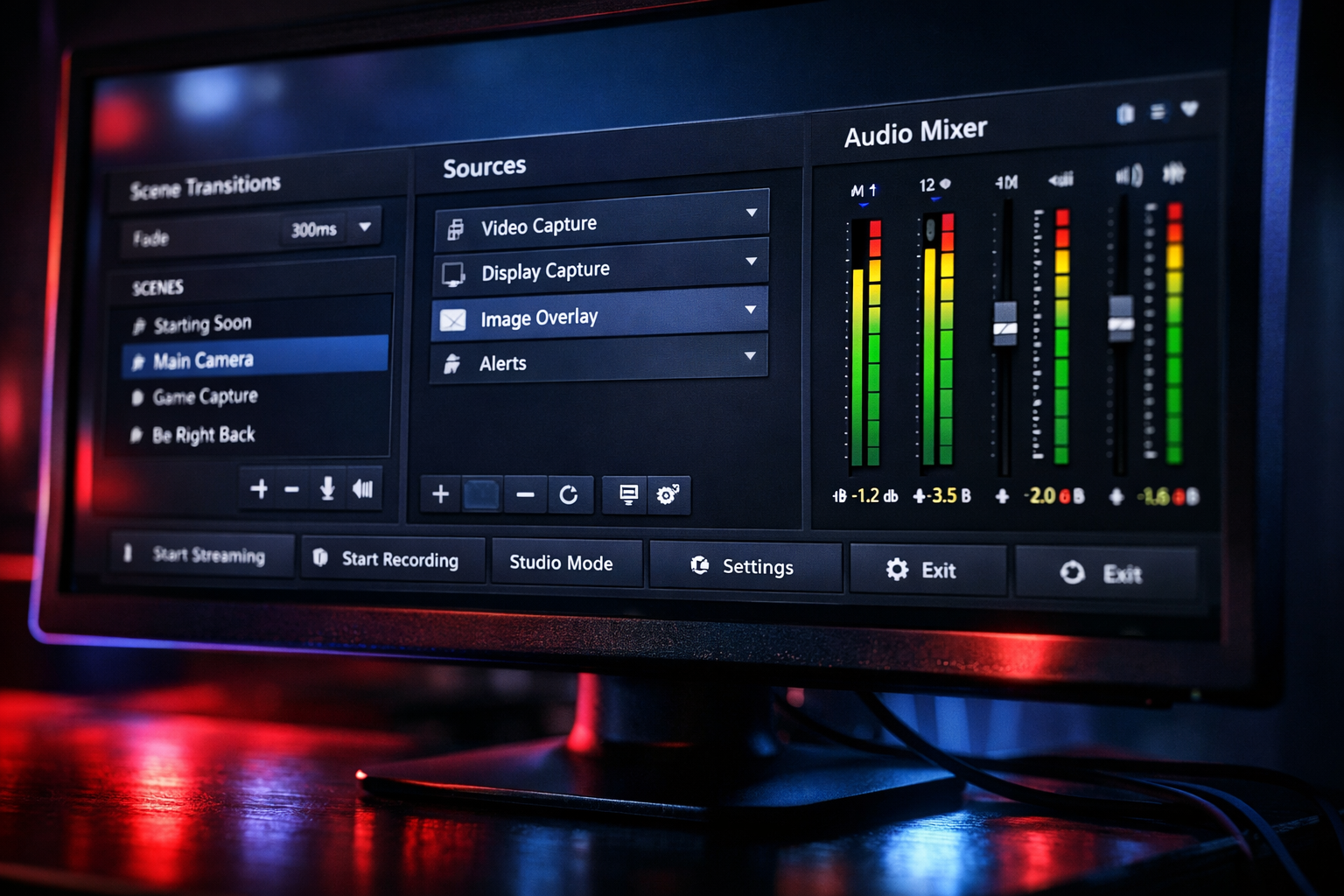 Pantalla de OBS Studio 2026 con escenas configuradas, fuentes de vídeo y ajustes de streaming activos