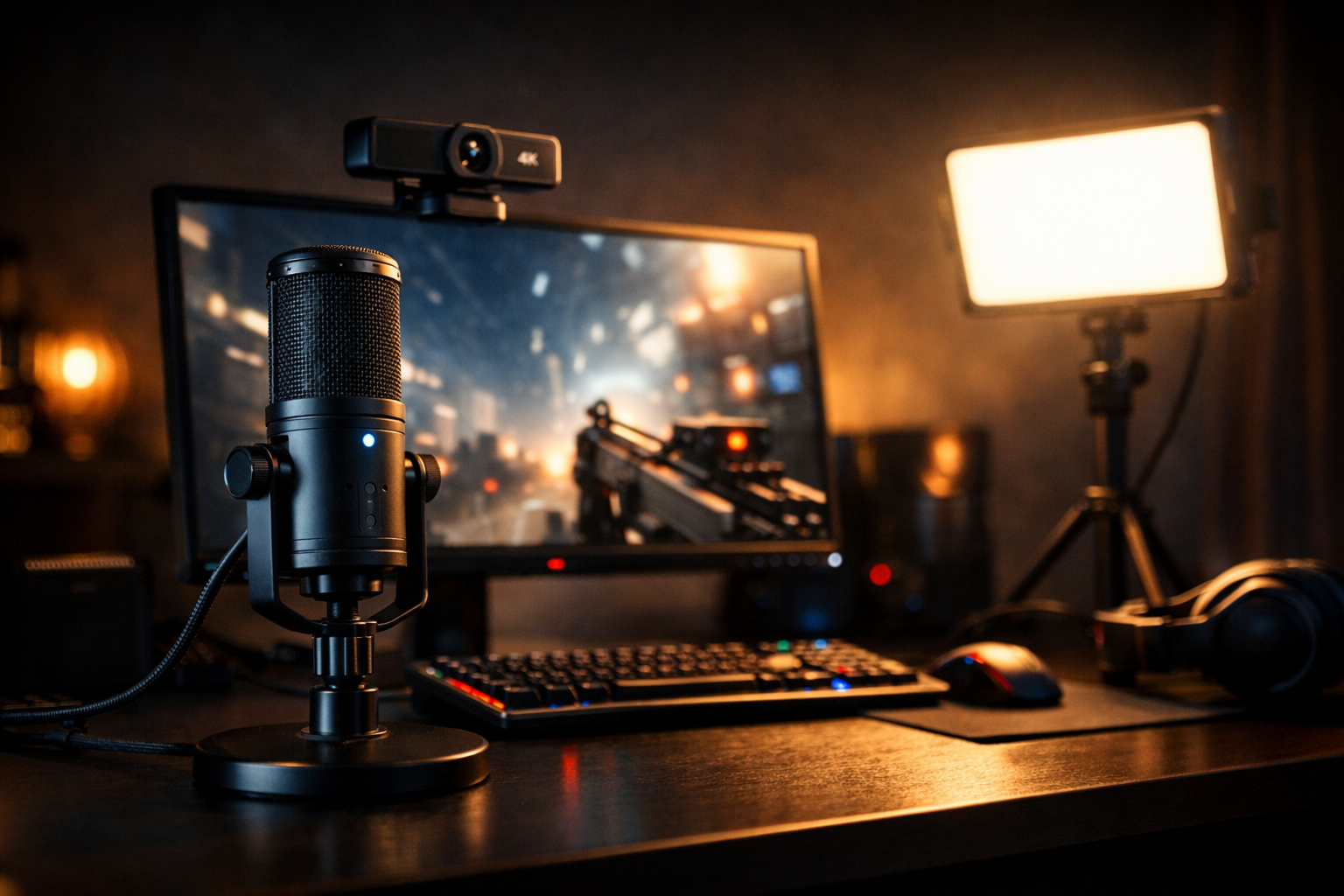 Setup de streaming profesional con micrófono, webcam y iluminación en escritorio gaming 2026