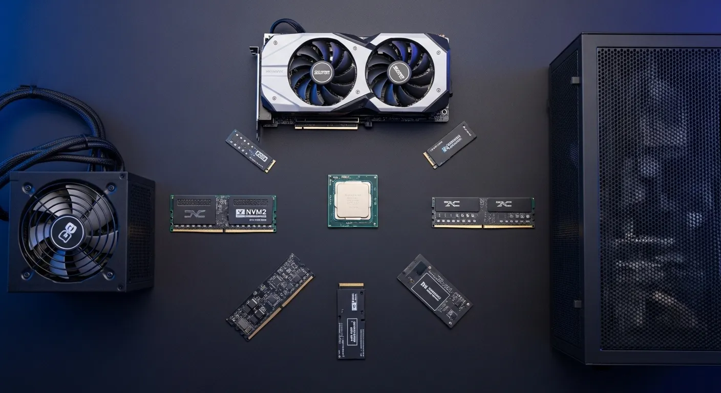 Los 7 componentes esenciales para montar un PC gaming: CPU, GPU, placa base, RAM, SSD, fuente y caja