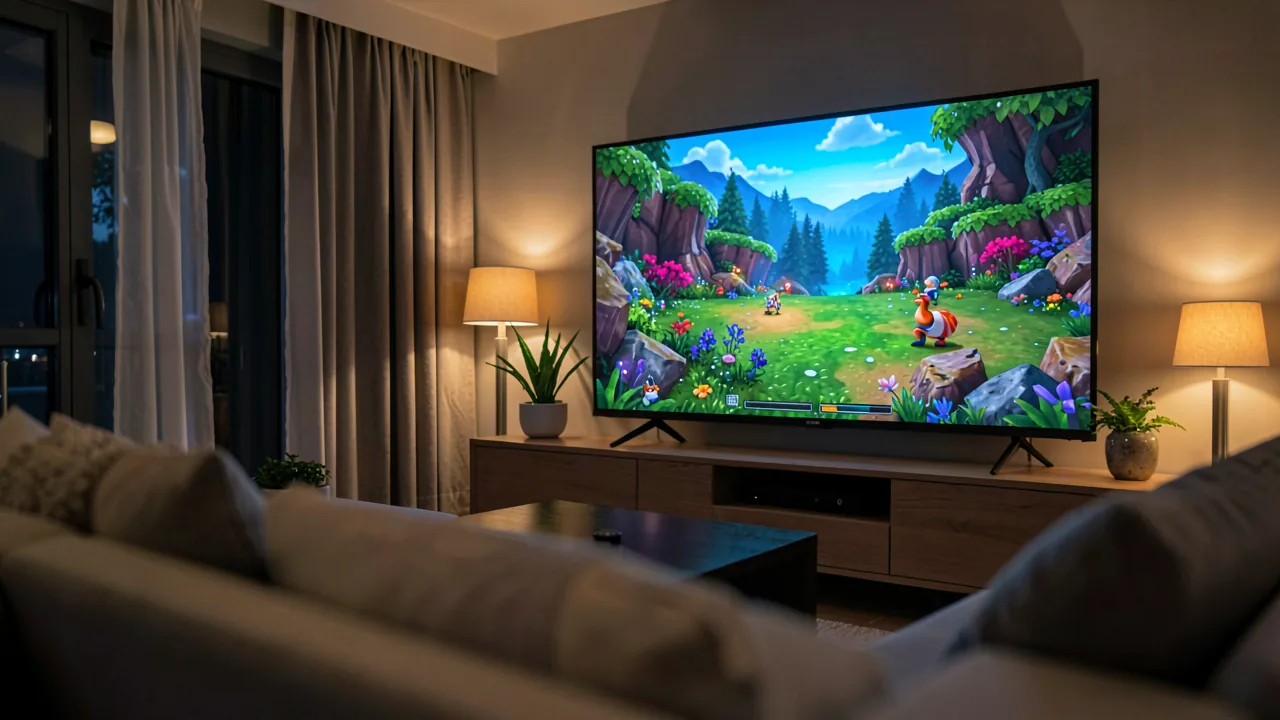 Salón con televisor 4K de gran tamaño mostrando un videojuego y una consola bajo la pantalla