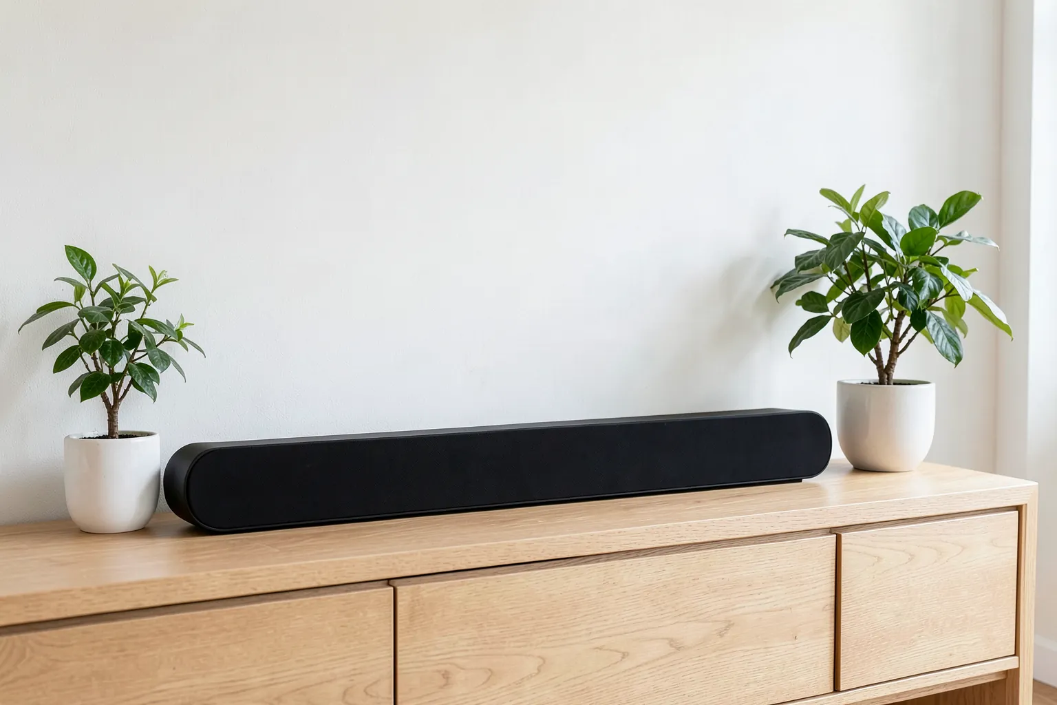 Barra de sonido negra y alargada sobre un mueble de madera clara entre dos plantas en un salón luminoso