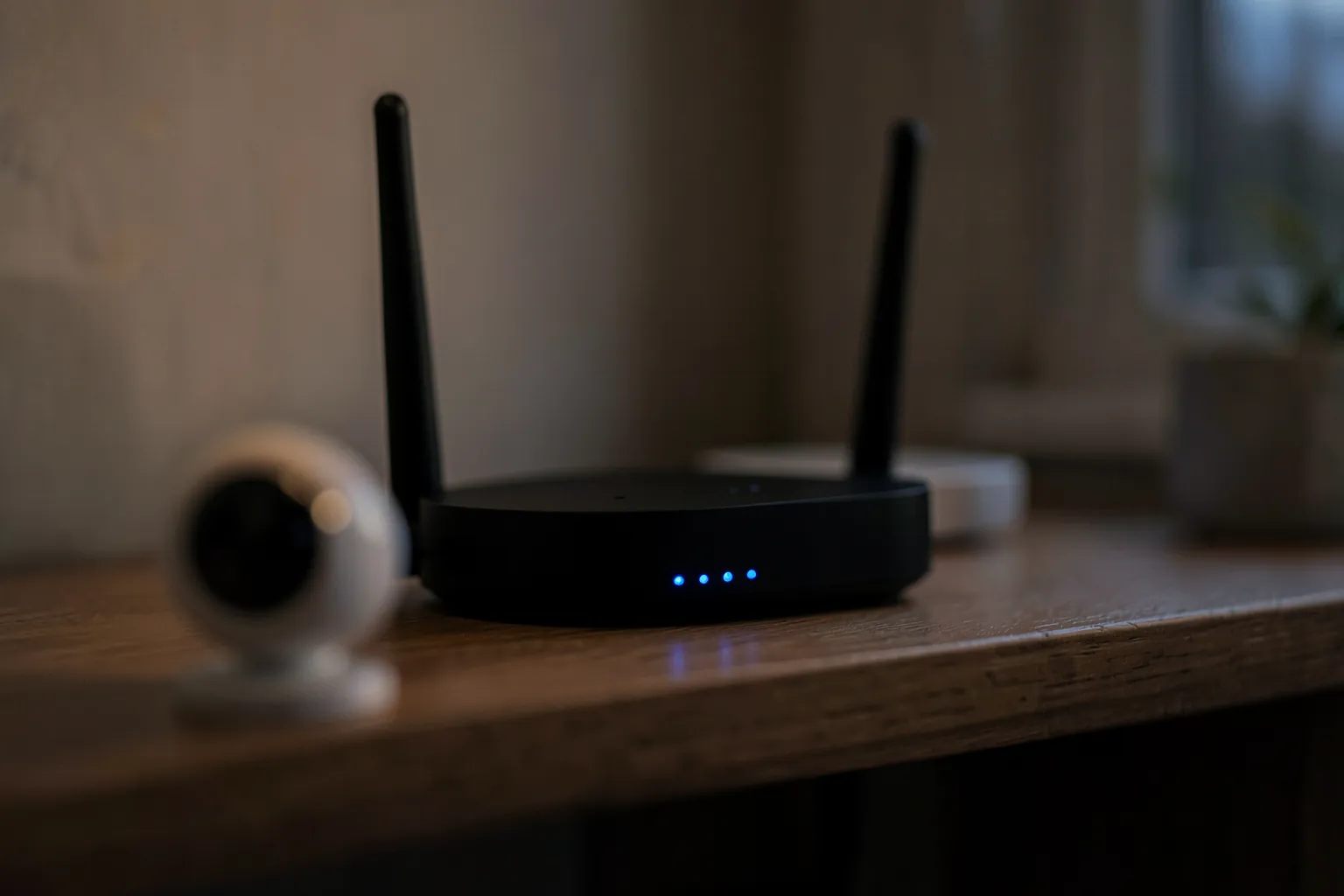 Router negro con antenas y luces azules en una estantería, con una cámara blanca desenfocada en primer plano