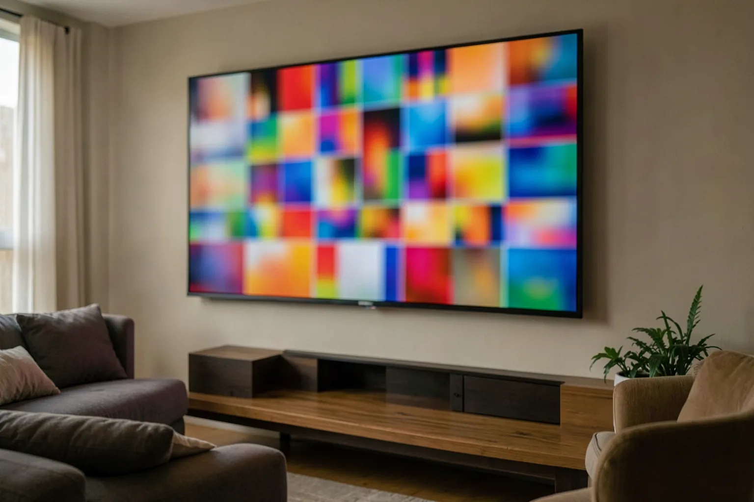 Televisor grande en la pared de un salón mostrando una cuadrícula borrosa de mosaicos de colores