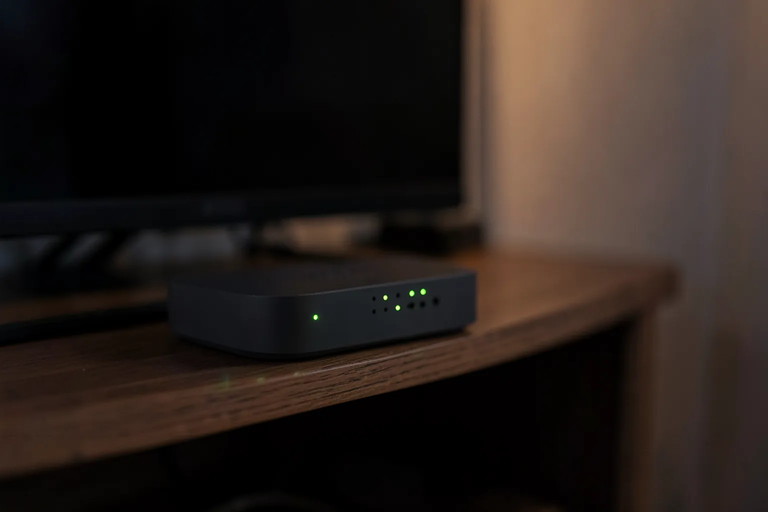 Router wifi doméstico con pequeñas luces verdes sobre un mueble junto a la tele por la tarde