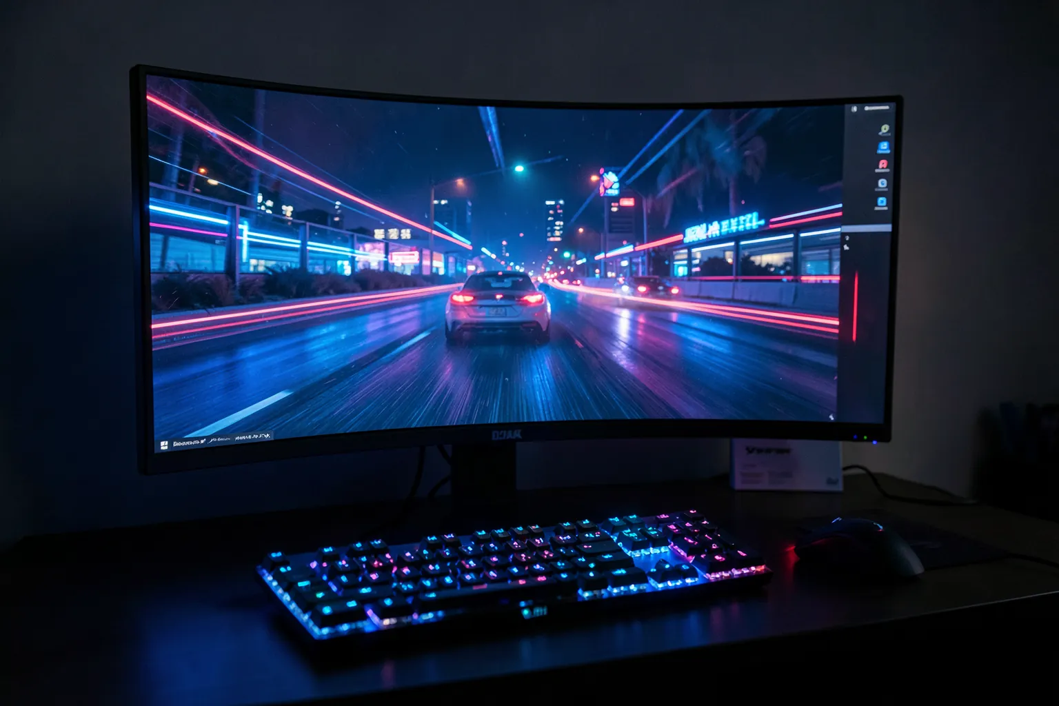 Monitor gaming curvo sobre un escritorio oscuro mostrando una escena de carreras futurista con luces de neón y un teclado iluminado delante