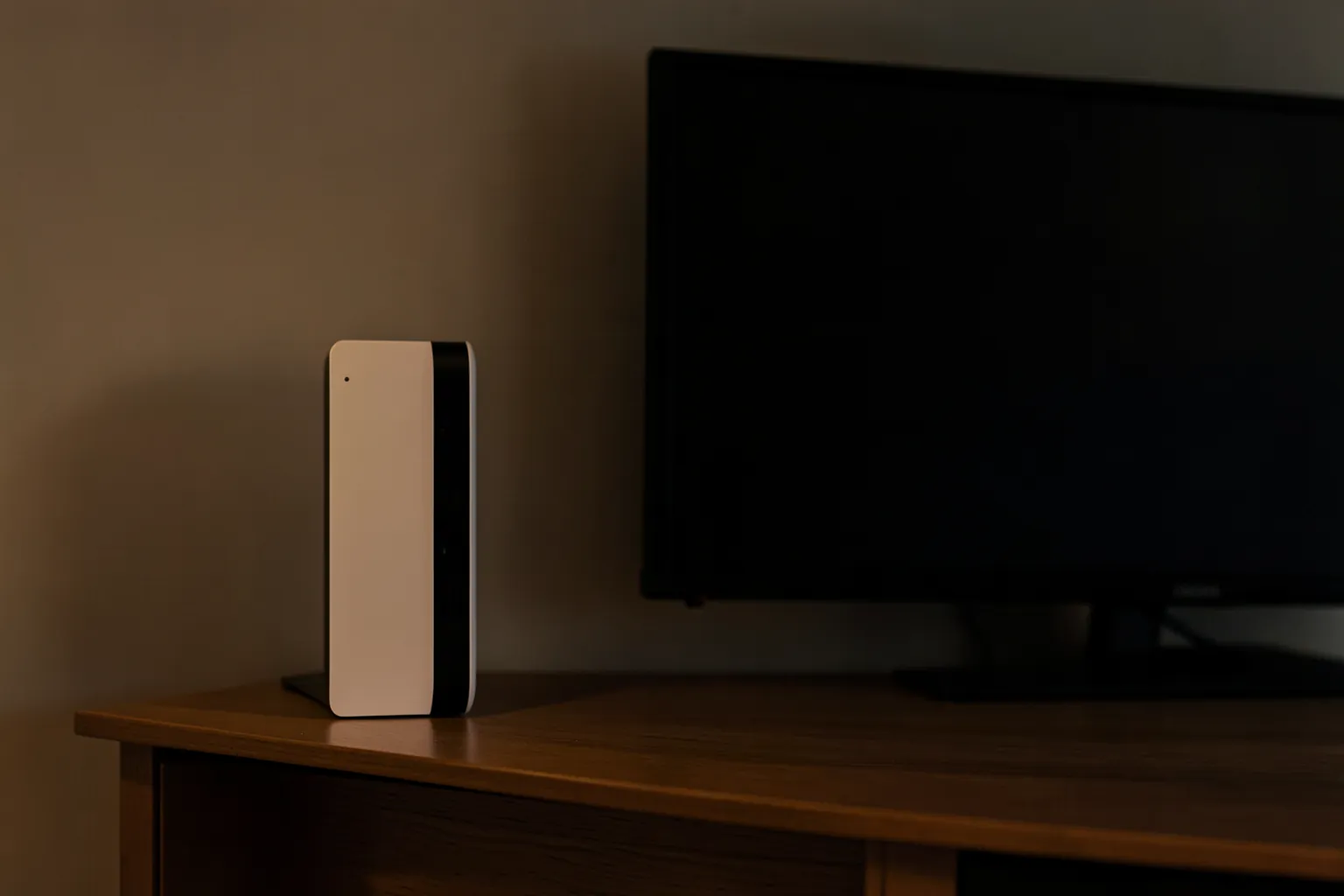 Consola de videojuegos blanca y negra junto a un televisor en un mueble de salón con luz tenue