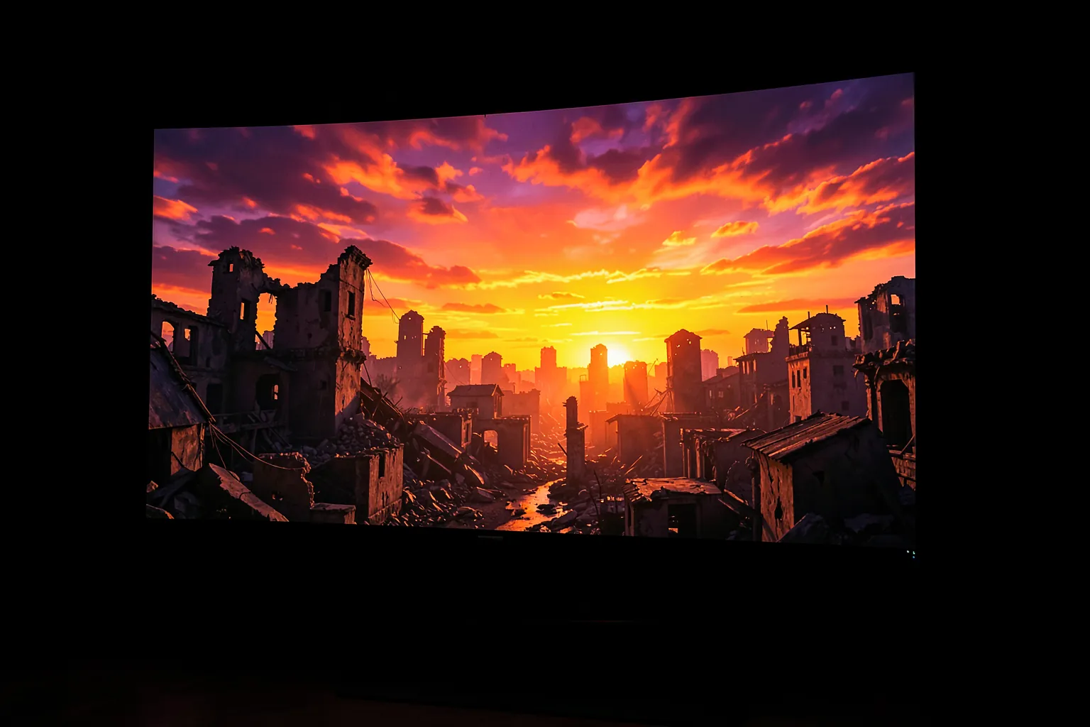 Escena de videojuego muy luminosa con un atardecer intenso y sombras profundas en una pantalla grande