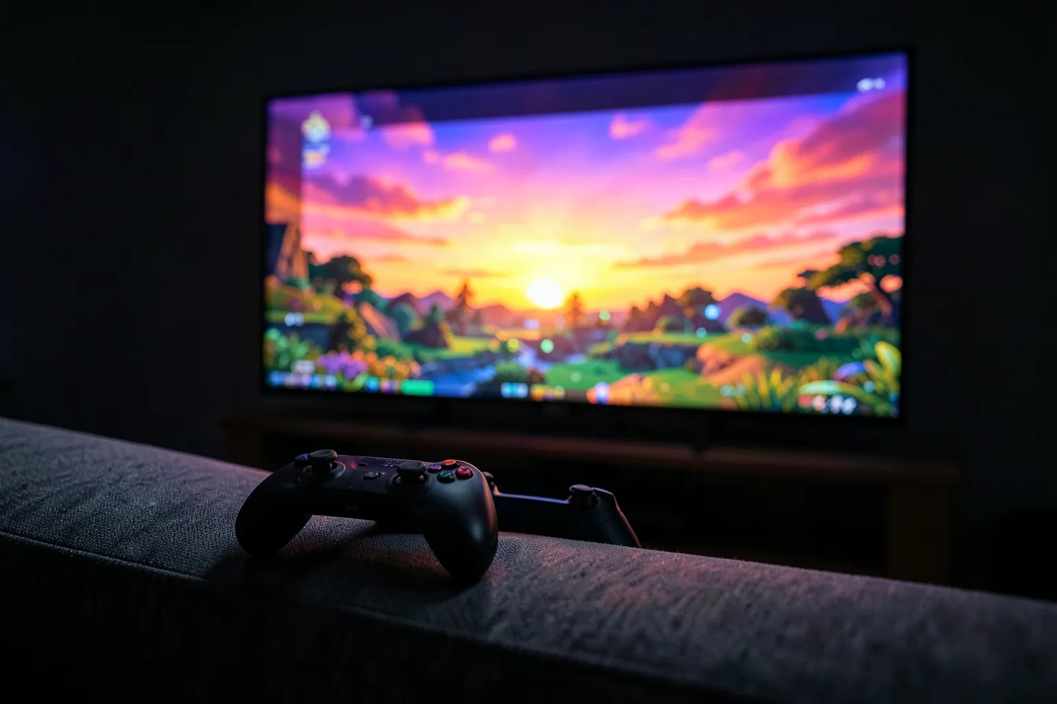 Mando de consola sobre un sofá frente a un televisor encendido con una escena de juego muy luminosa
