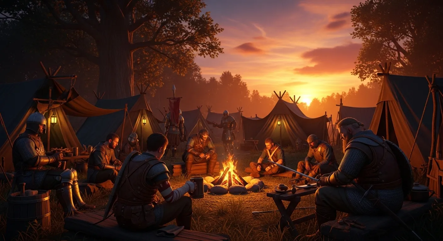 Campamento de los Greymanes con tiendas y mercenarios alrededor de una fogata al atardecer