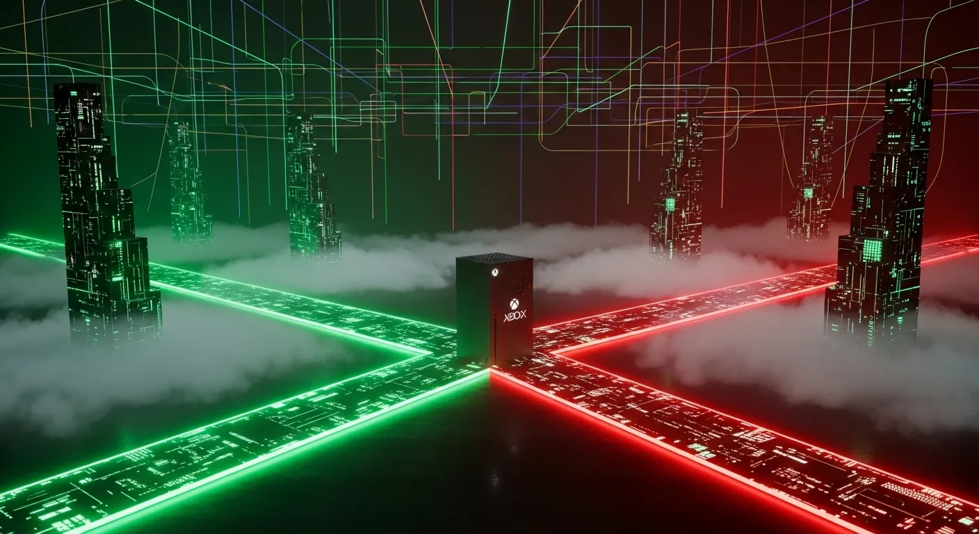 Encrucijada de caminos con señales hacia diferentes direcciones, representando el futuro incierto de Xbox