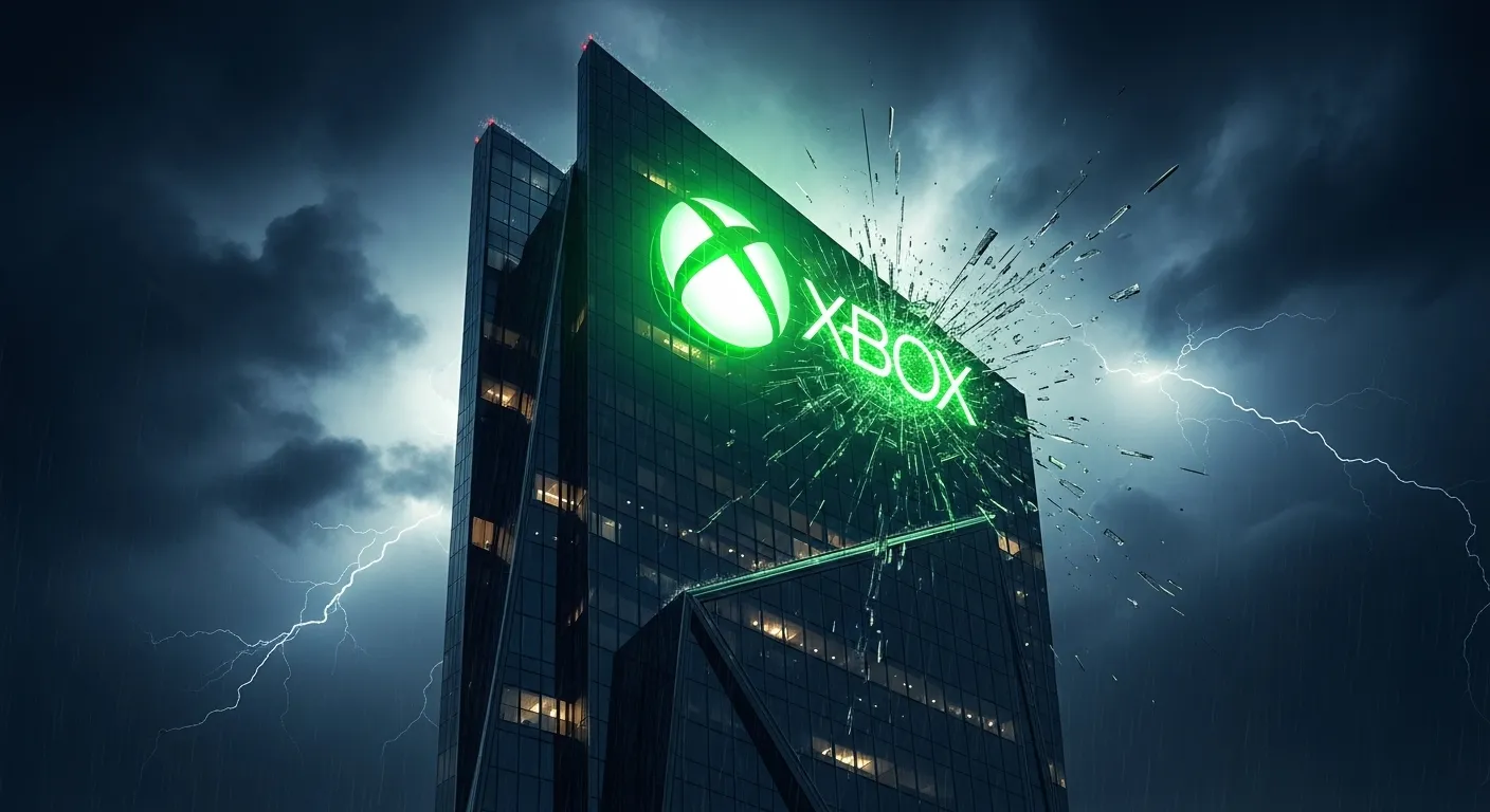 Representación dramática de la crisis de Xbox con el logotipo en verde sobre fondo oscuro y fragmentado