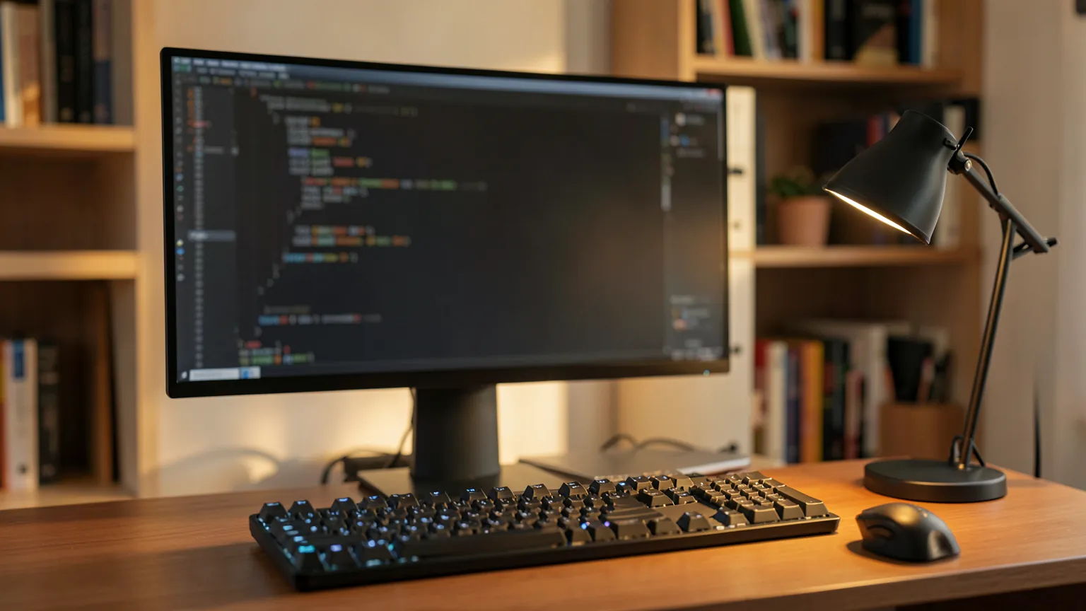 Puesto de trabajo de programador con monitor grande, teclado mecánico y lámpara de escritorio en una habitación con luz de tarde