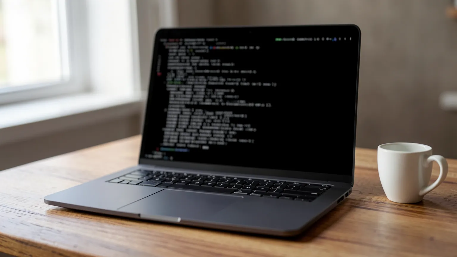 Portátil gris oscuro abierto con una ventana de terminal de texto claro sobre fondo negro, en una mesa de madera con una taza blanca al lado