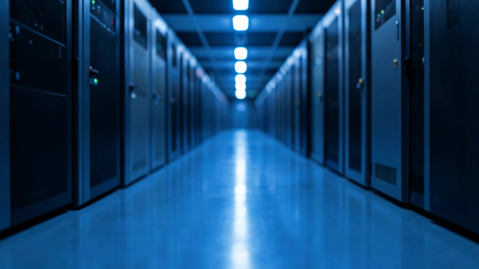 Pasillo de centro de datos con hileras de equipos y luz azul reflejada en el suelo