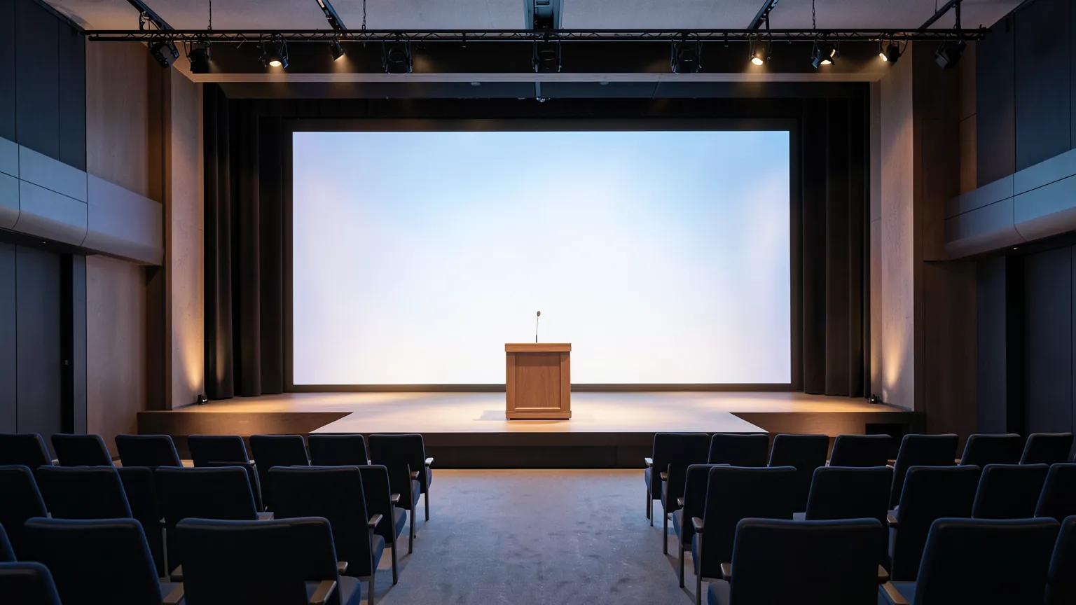 Auditorio moderno vacio con una pantalla grande encendida y luces tenues en las butacas
