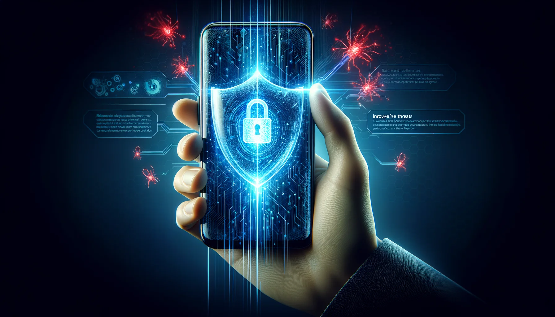 Concepto de protección de iPhone con escudo digital contra amenazas de ciberseguridad