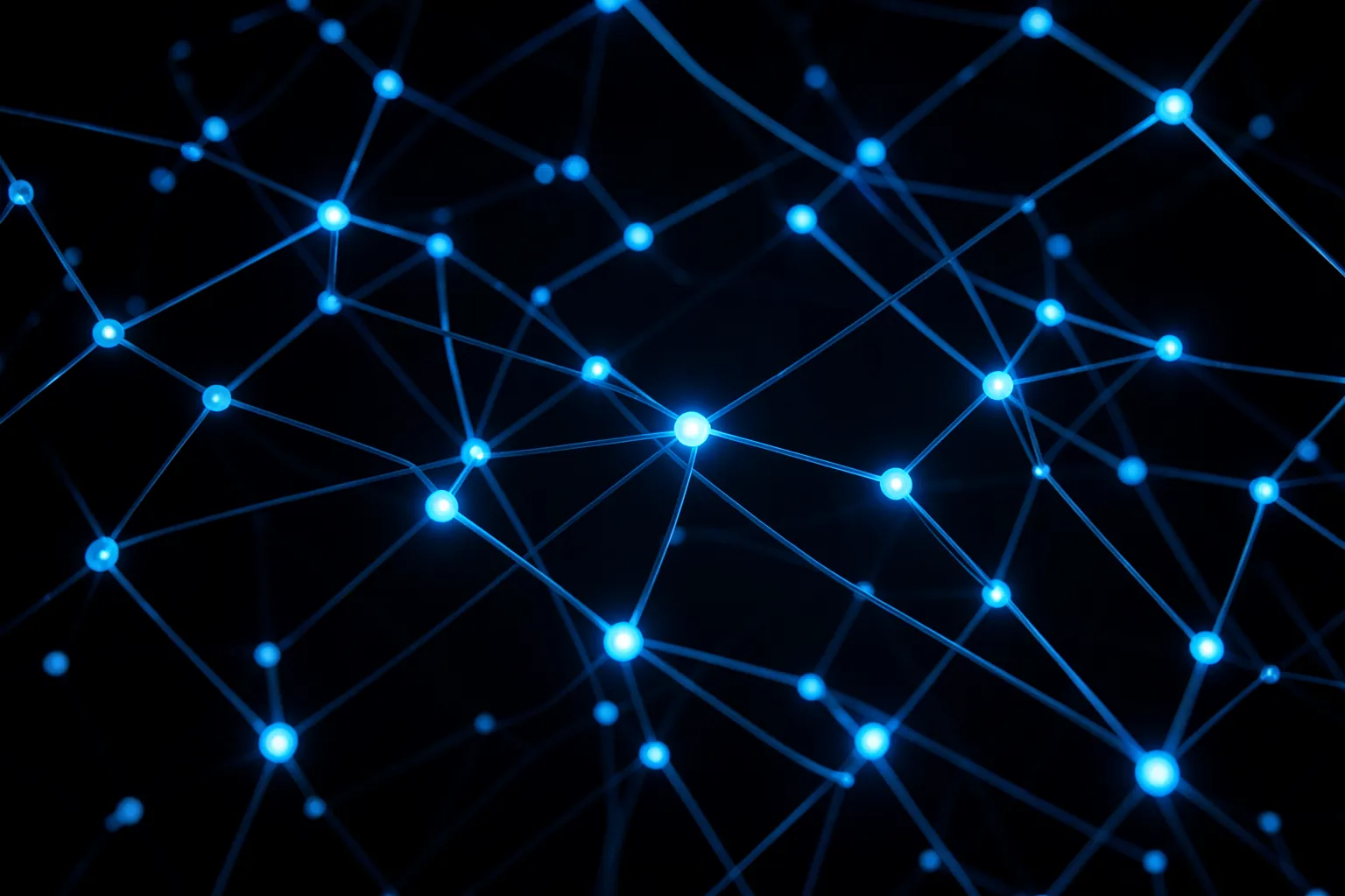 Red abstracta de nodos luminosos azules conectados entre sí sobre un fondo oscuro con algunos nodos encendidos con más intensidad