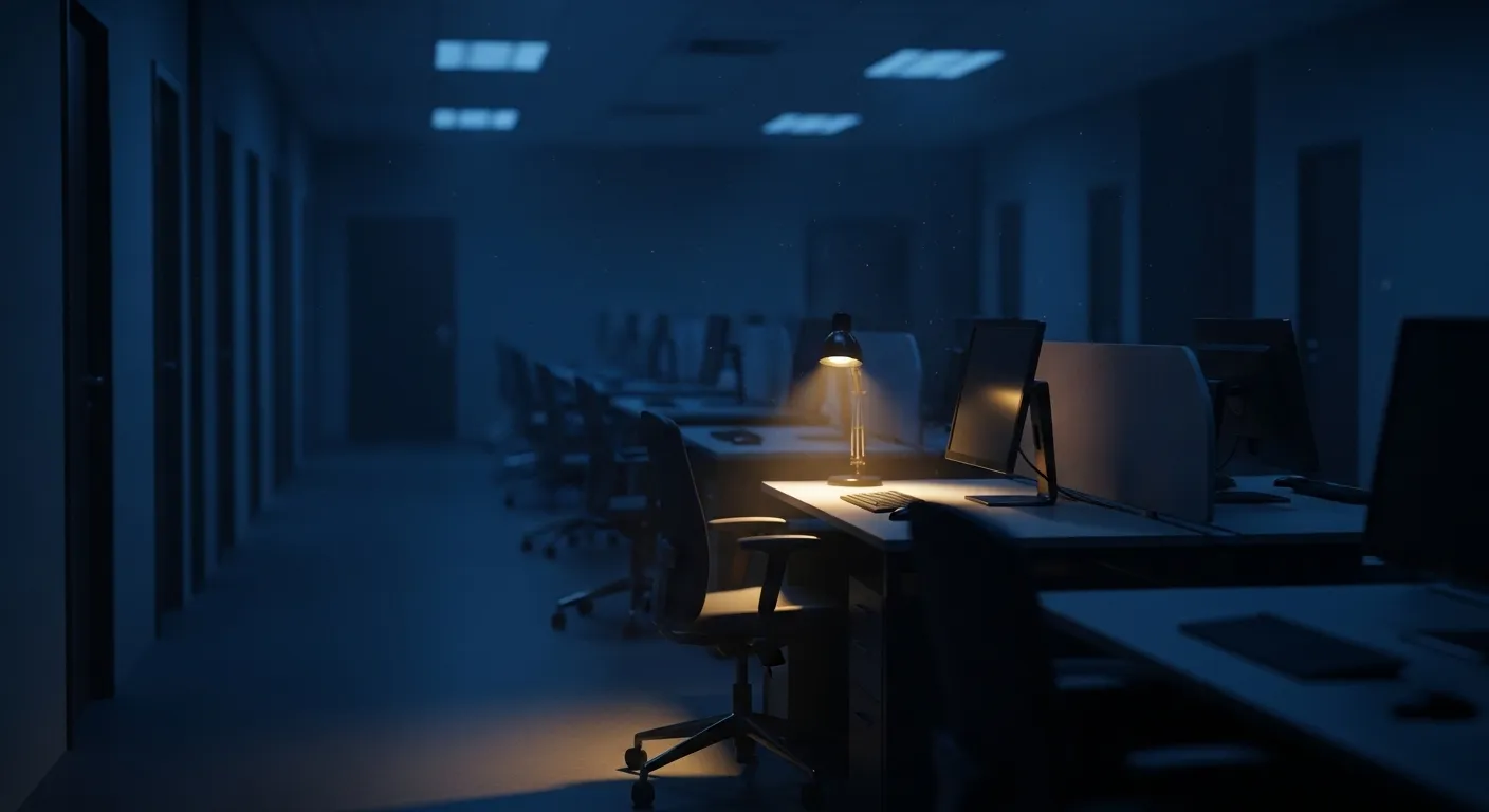 Oficina de desarrollo de videojuegos vacía con escritorios abandonados y pantallas apagadas