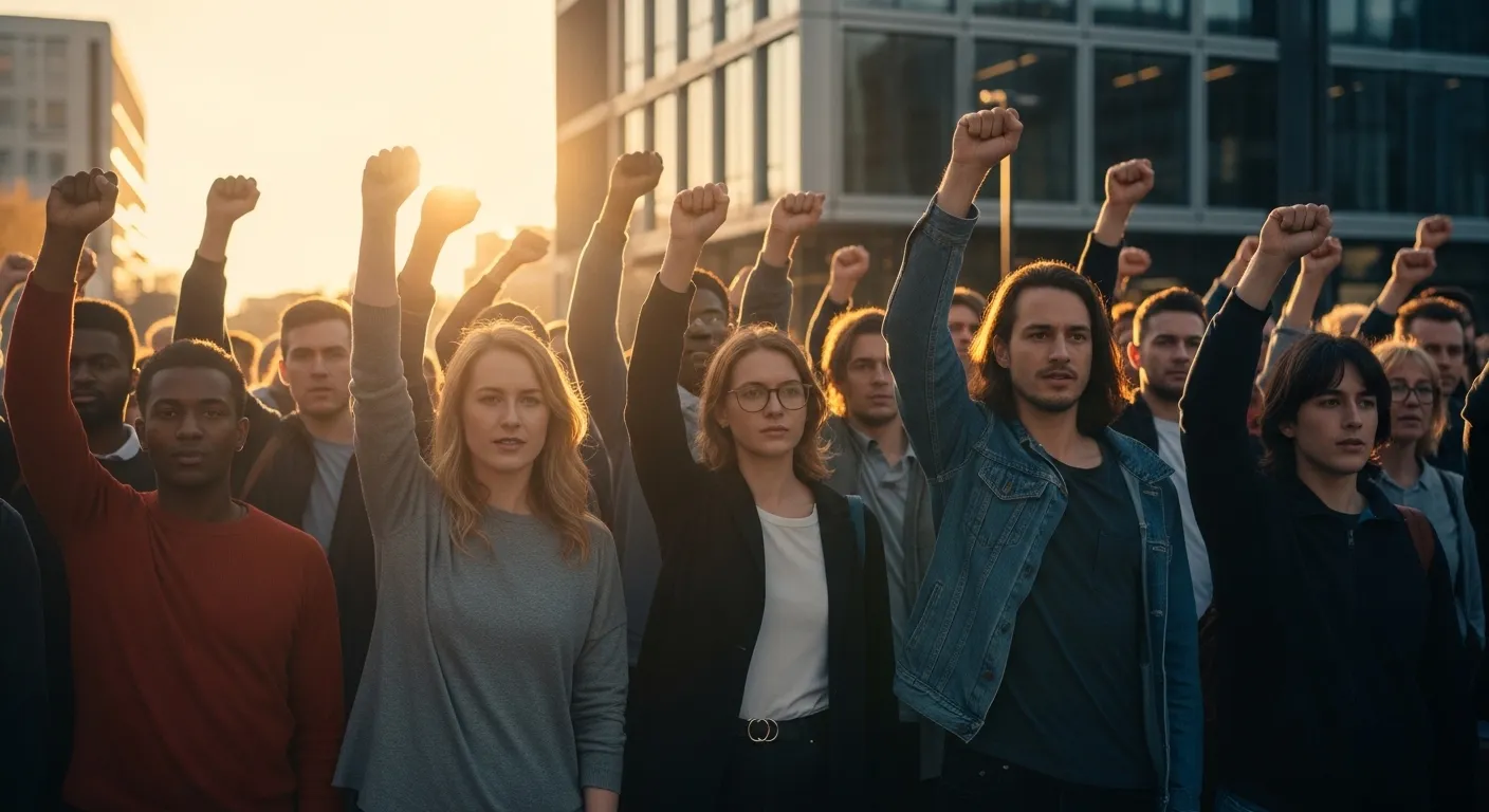 Manifestación de trabajadores de la industria del videojuego con pancartas reclamando mejores condiciones
