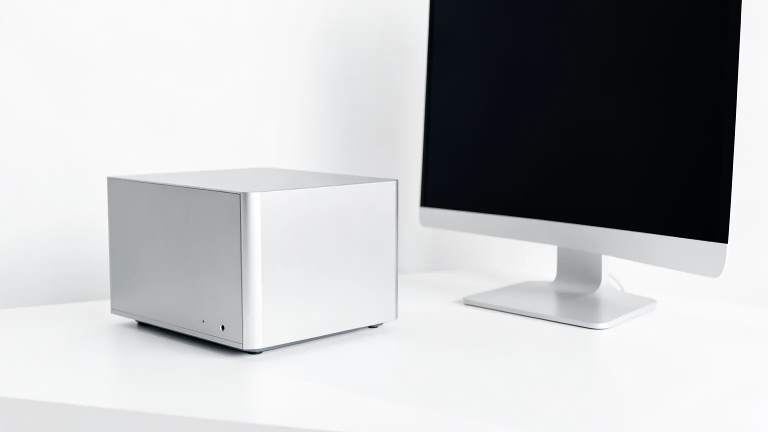 Ordenador de sobremesa compacto de aluminio sobre un escritorio blanco junto a un monitor apagado