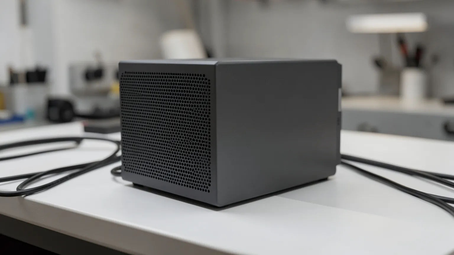 Mini PC de color gris oscuro con rejillas de ventilación sobre una mesa de trabajo con cables ordenados