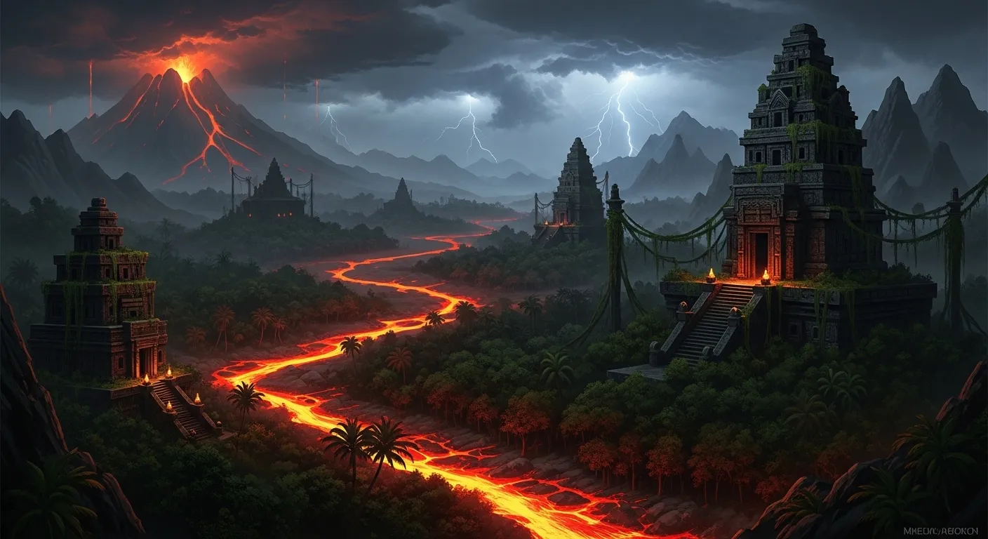 Islas volcánicas de Skovos con templos antiguos y vegetación tropical en Diablo IV