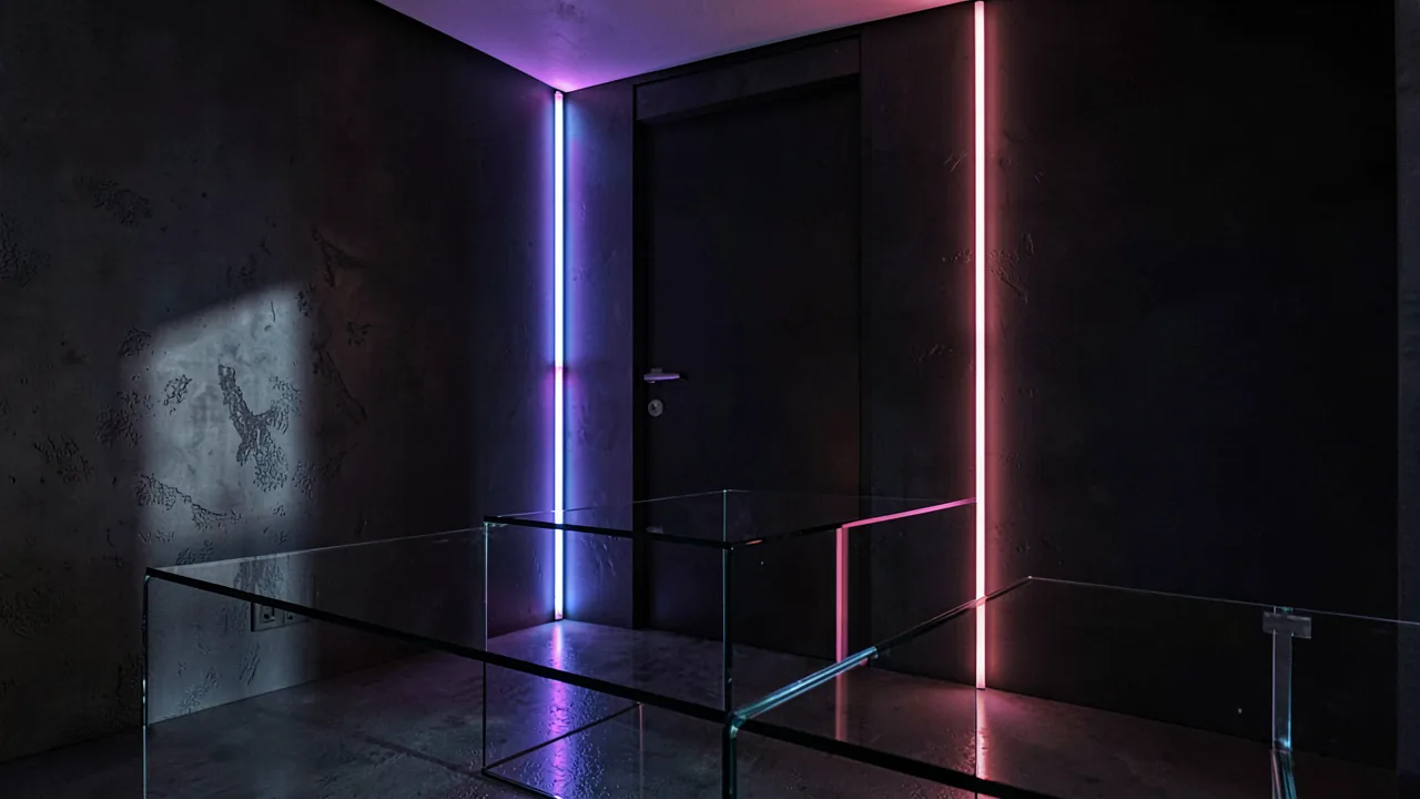Interior de una habitación oscura iluminada por reflejos y luces de neón con trazado de rayos, mostrando sombras suaves y superficies reflectantes