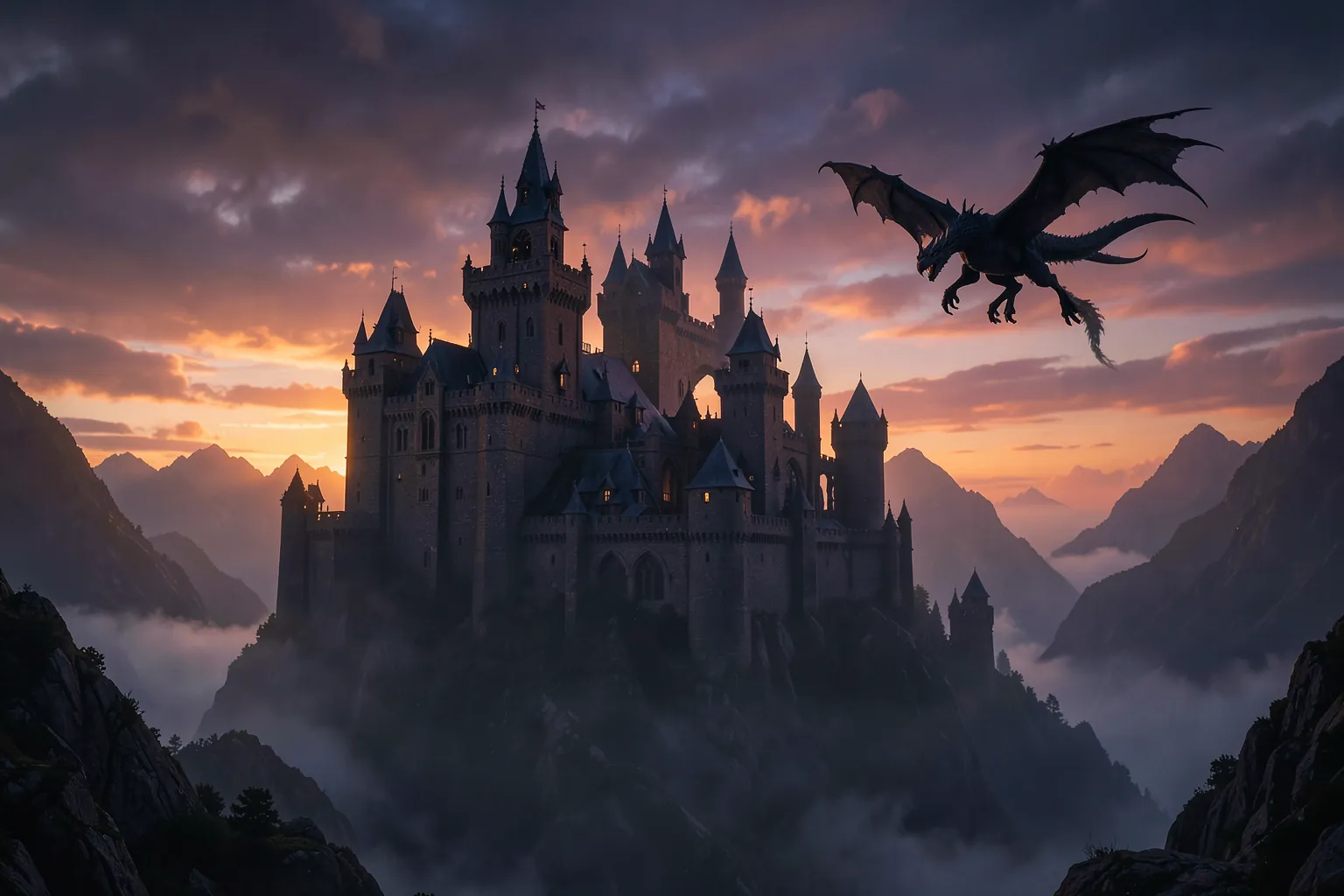 Castillo medieval oscuro sobre una montaña con niebla al atardecer y la silueta de un dragón volando