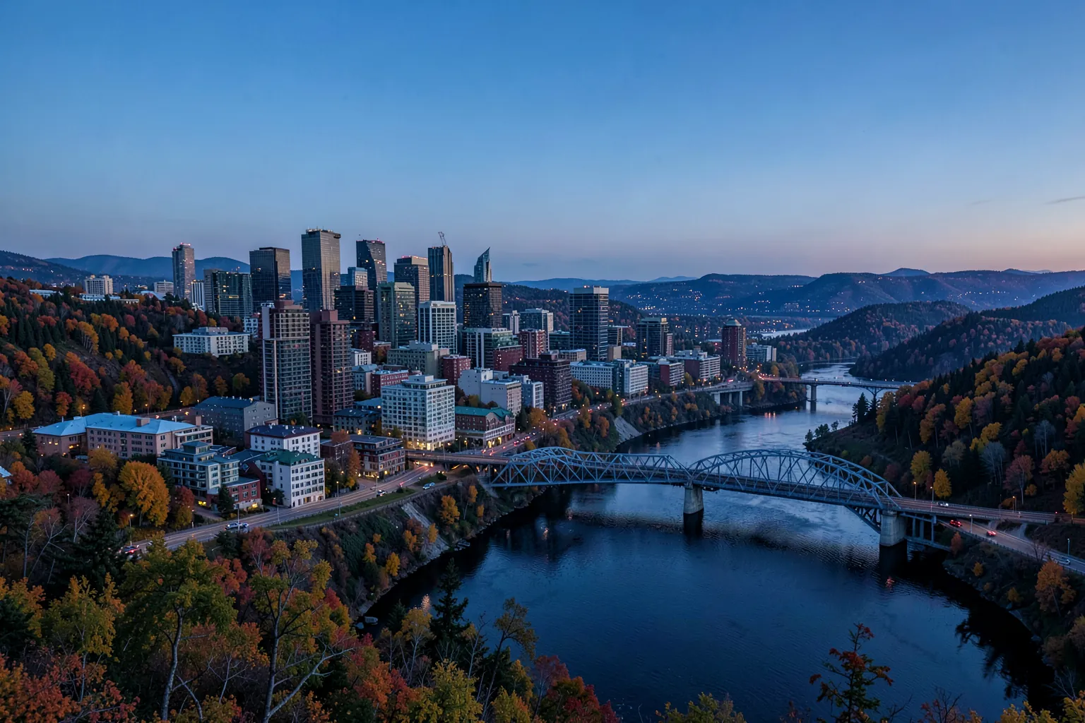 Ciudad con rascacielos junto a un valle con un río y puentes al atardecer en otoño