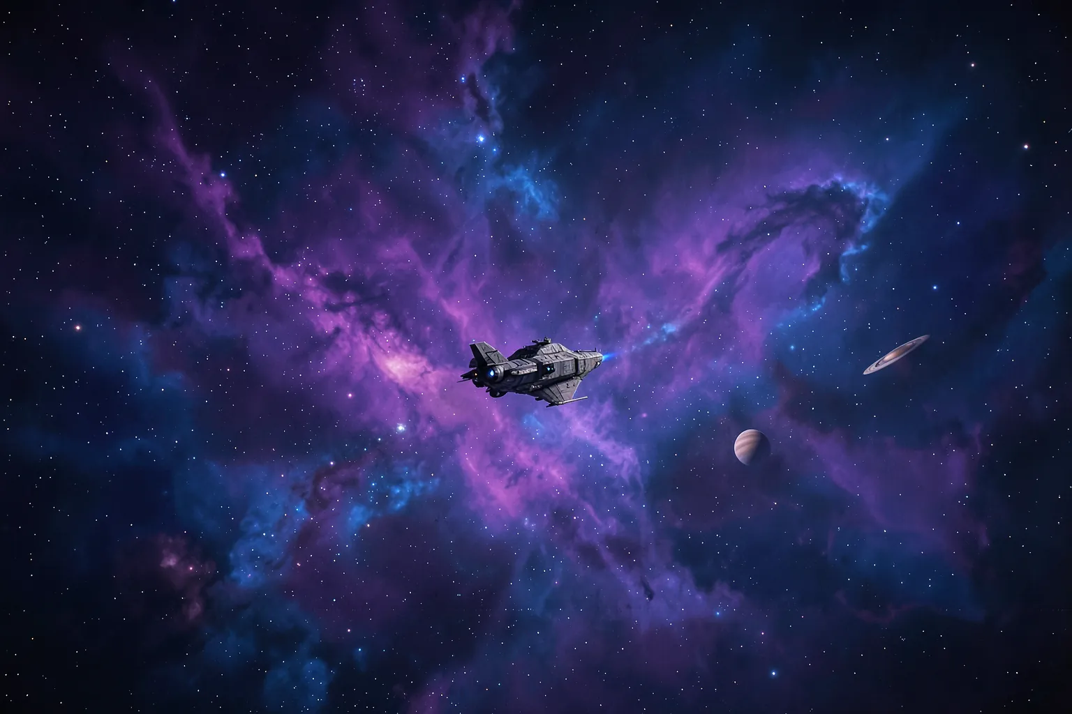 Nave espacial solitaria frente a una gran nebulosa morada y azul con un planeta con anillos al fondo