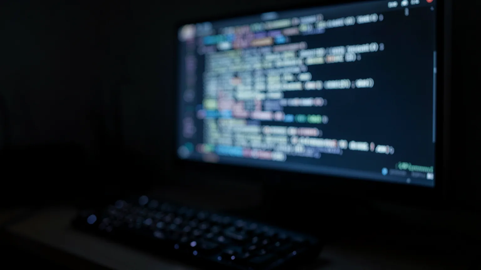 Pantalla con lineas de codigo iluminadas en un escritorio a oscuras