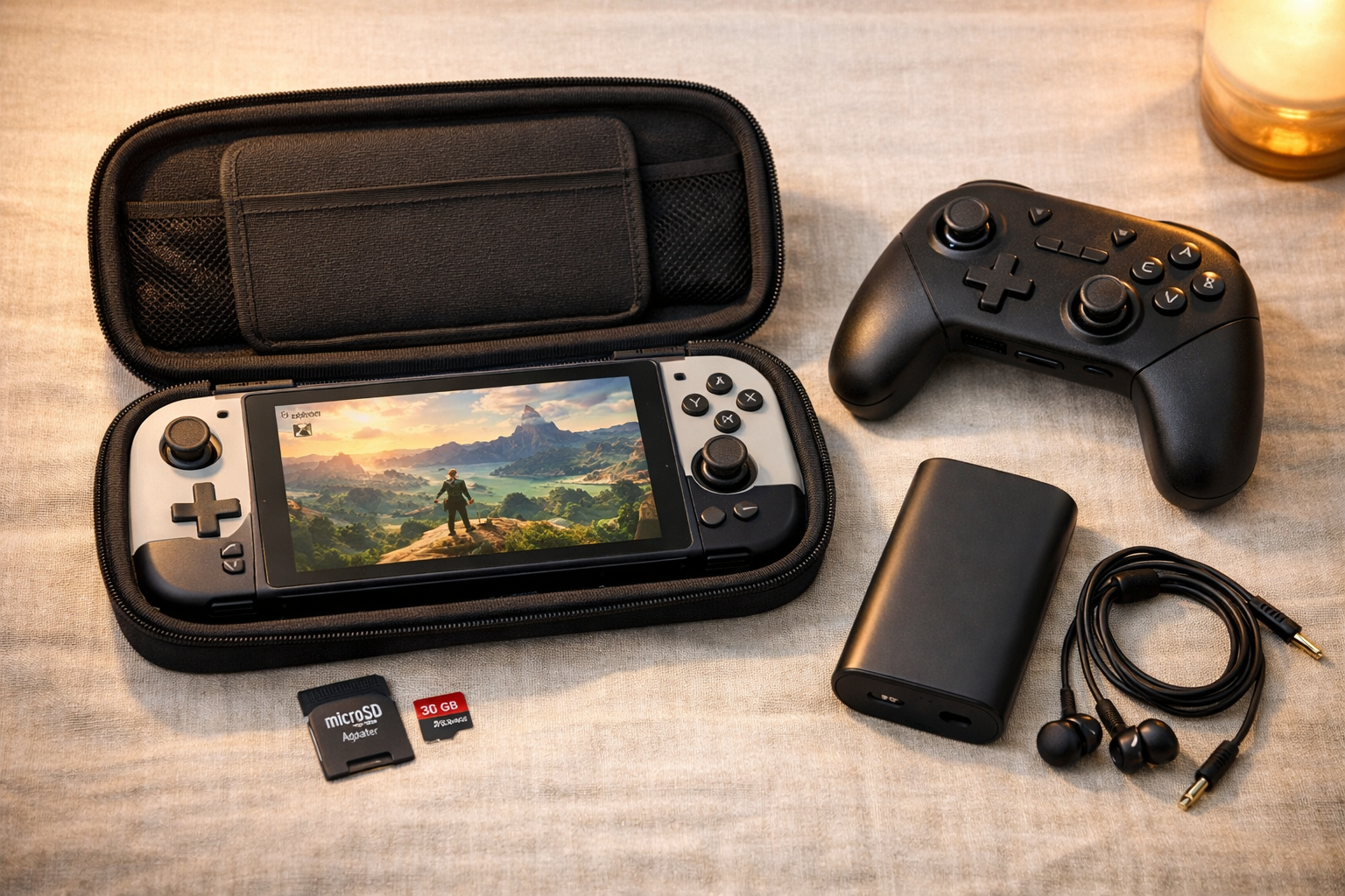 Setup gaming completo con Switch 2 en dock conectada a TV OLED grande y mando pro en primer plano