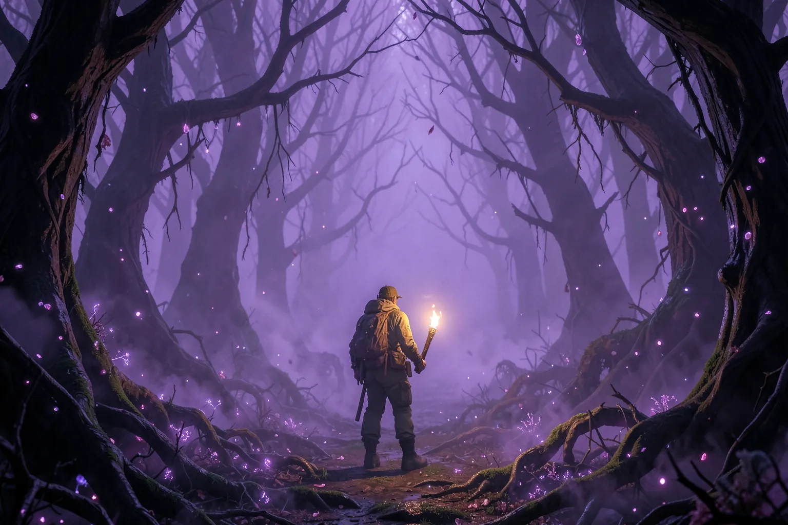 Bosque corrupto cubierto de una densa niebla morada con esporas brillantes y árboles retorcidos, y un explorador solitario con una antorcha