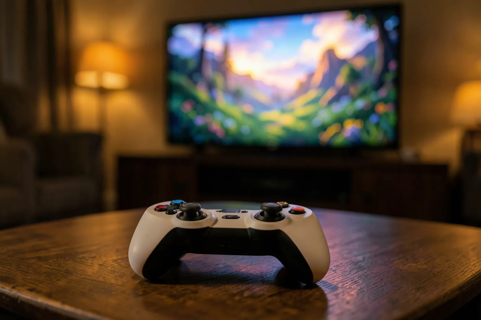 Mando de consola blanco y negro sobre una mesa de madera delante de un televisor que muestra un paisaje de fantasía colorido en un salón